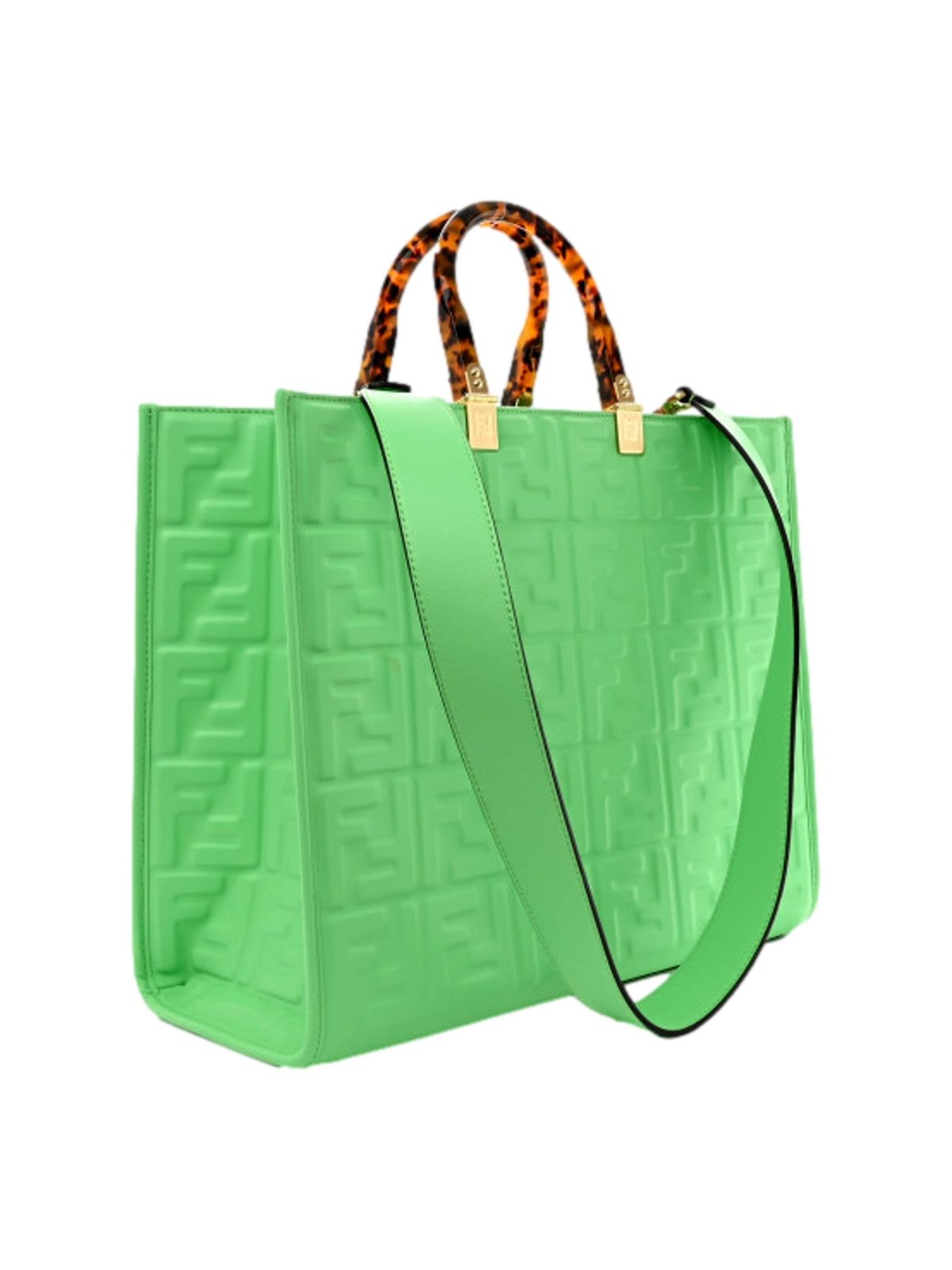 Fendi Sunshine Medium FF Embossed Leather Tote Edamame Green