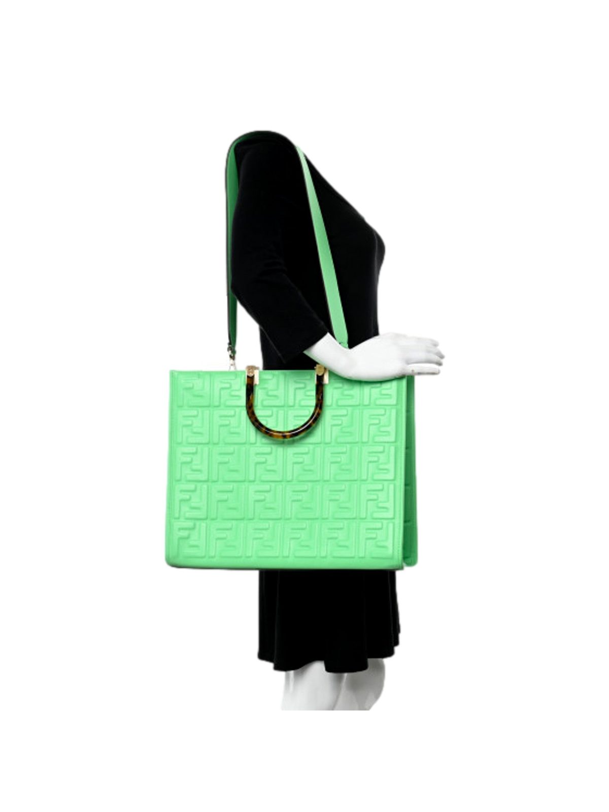 Fendi Sunshine Medium FF Embossed Leather Tote Edamame Green