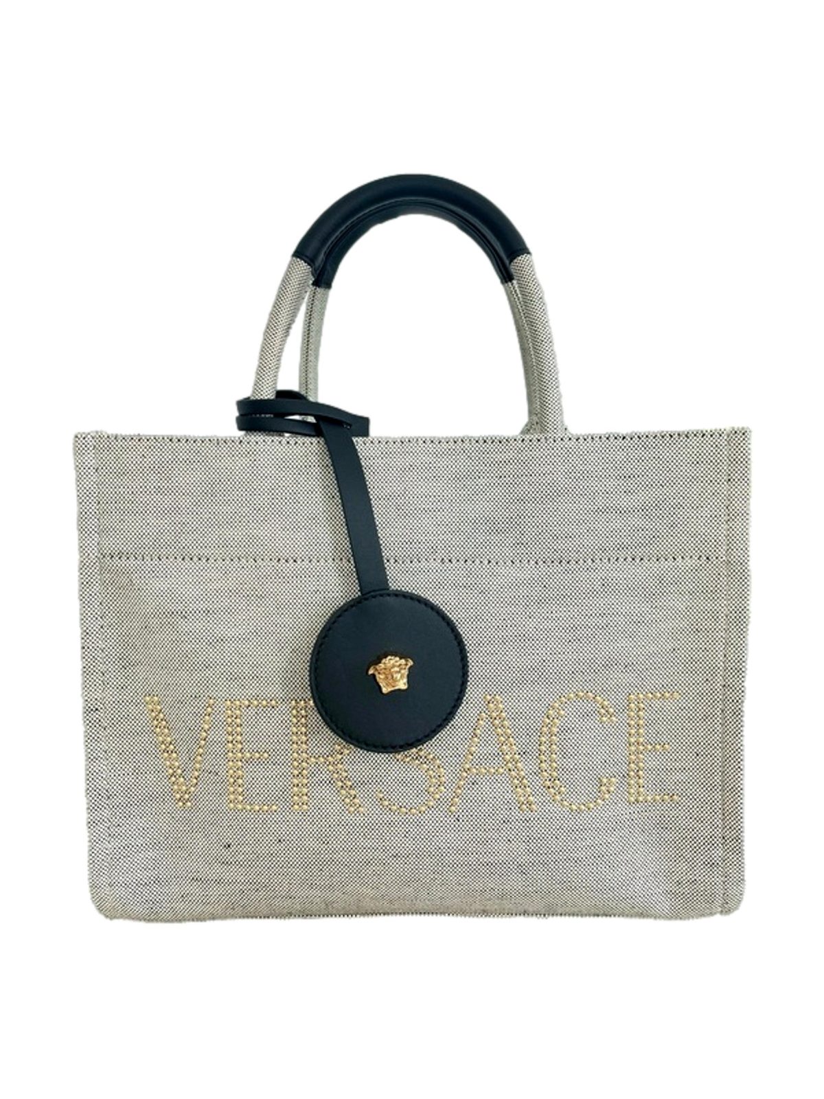 Versace Studded Logo Mini Tote Ecru Canvas Crossbody Bag Gold Hardware