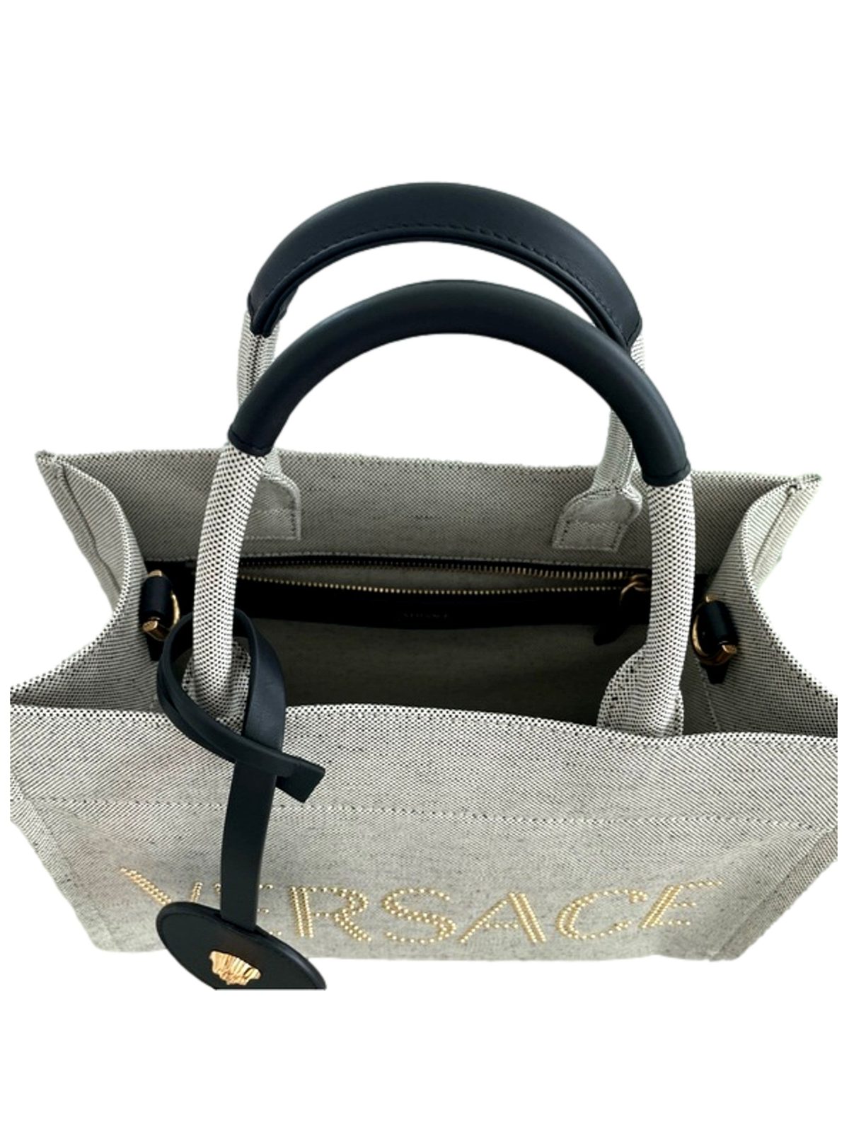 Versace Studded Logo Mini Tote Ecru Canvas Crossbody Bag Gold Hardware