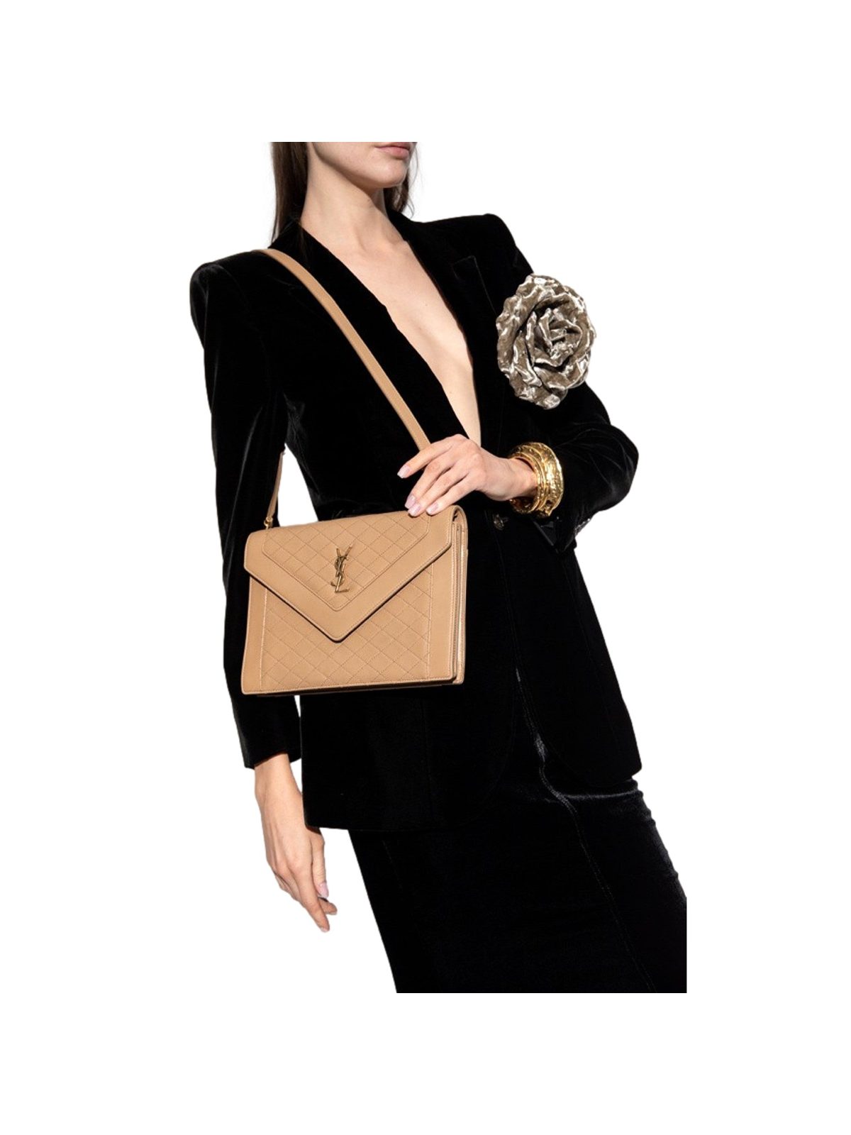 Saint Laurent Gaby Quilted Lambskin Shoulder Bag Beige