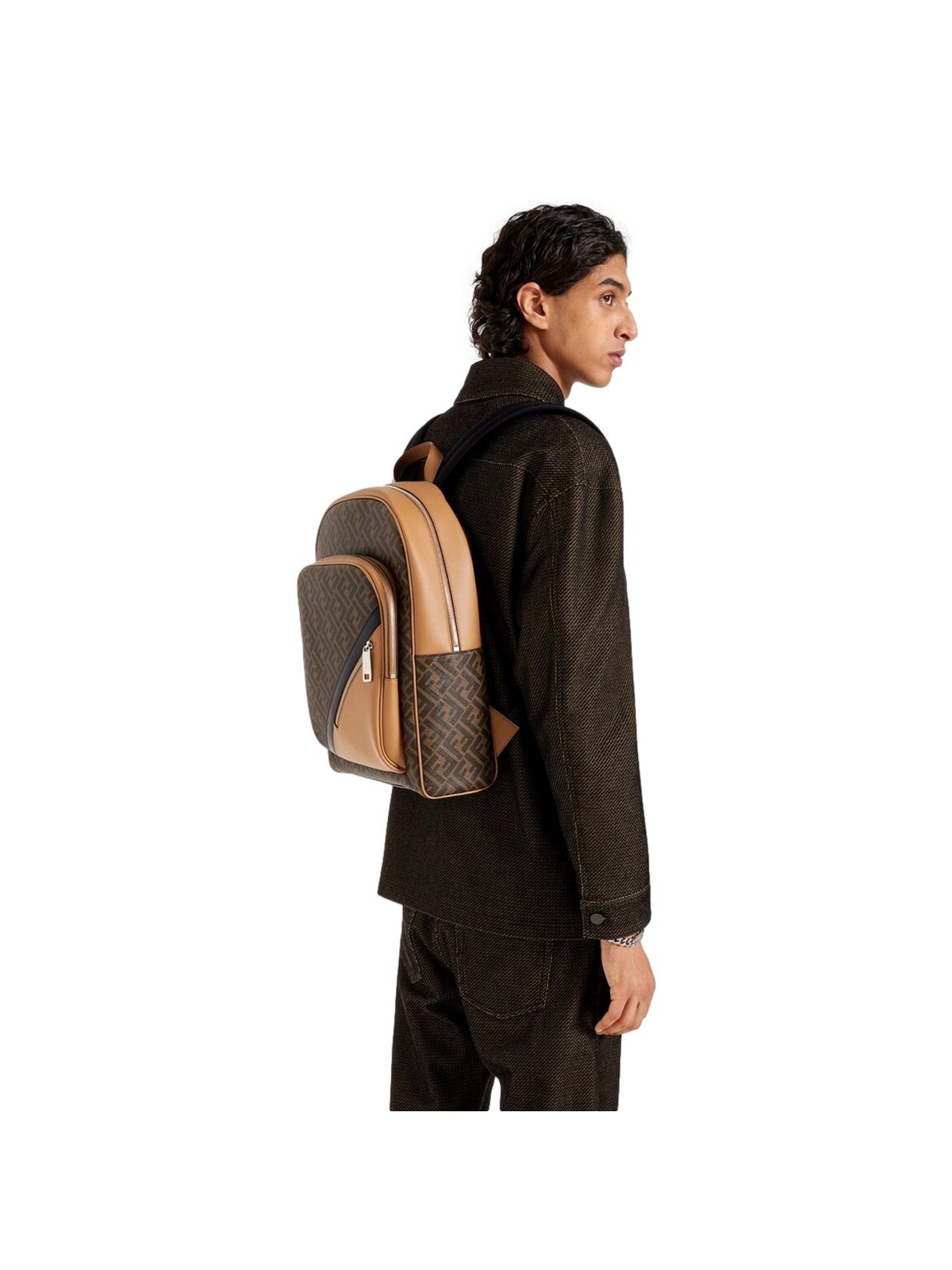 Fendi Diagonal FF Logo Backpack Black Canvas Leather Trim