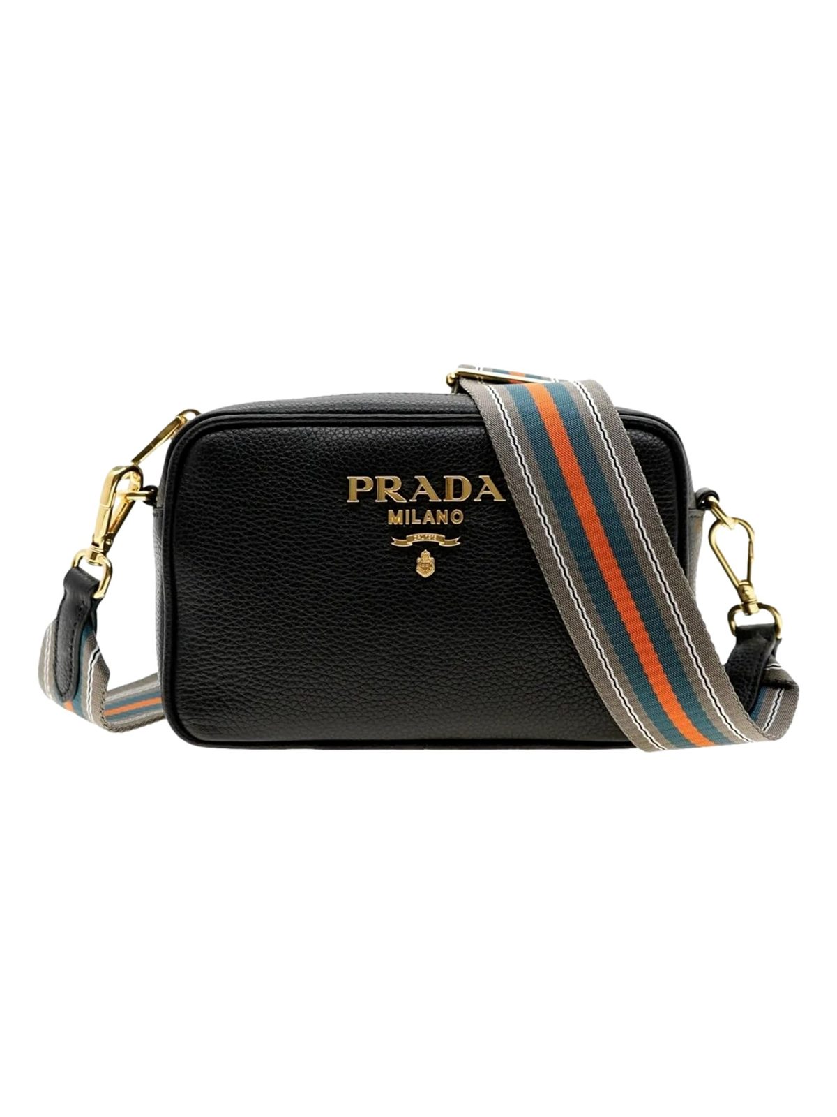 Prada Vitello Phenix Leather Crossbody Bag in Black with Gold Hardware and Web Stripe Strap