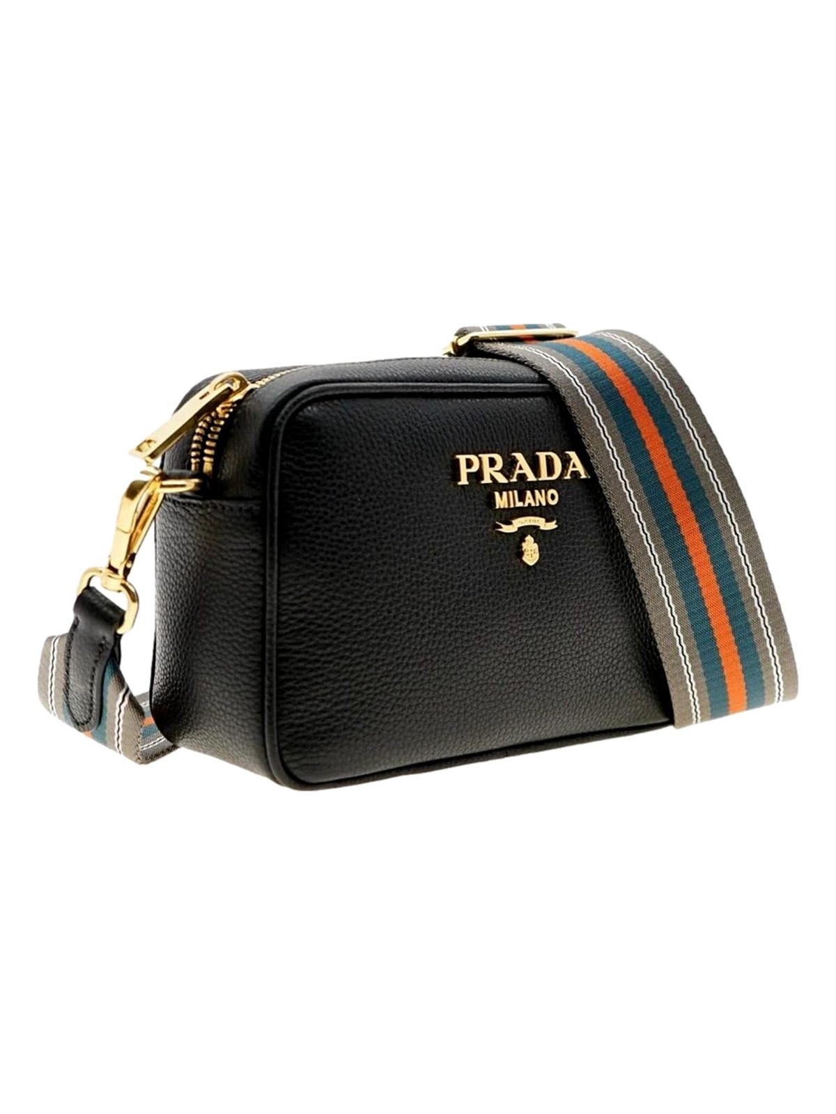 Prada Vitello Phenix Leather Crossbody Bag in Black with Gold Hardware and Web Stripe Strap