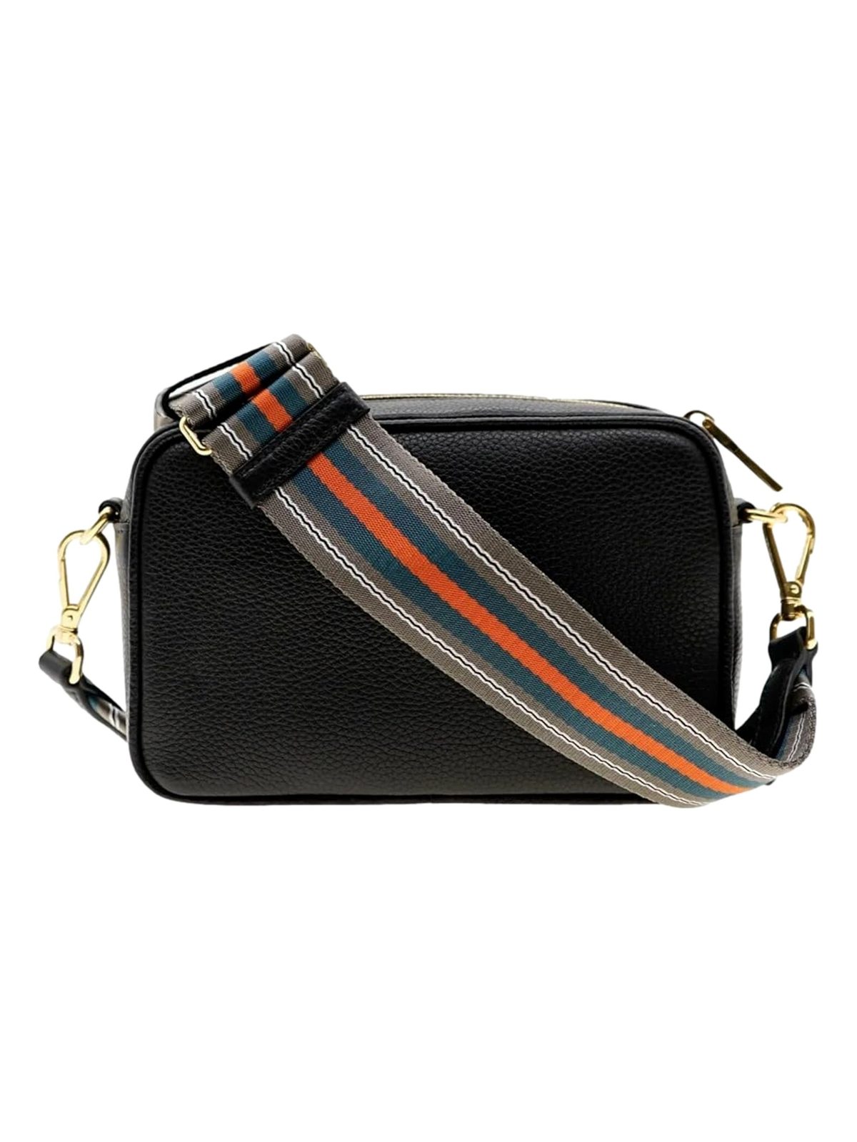 Prada Vitello Phenix Leather Crossbody Bag in Black with Gold Hardware and Web Stripe Strap