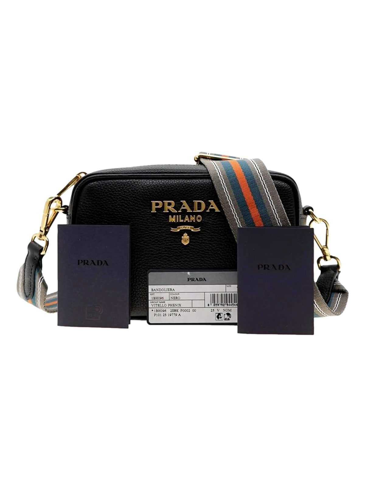 Prada Vitello Phenix Leather Crossbody Bag in Black with Gold Hardware and Web Stripe Strap