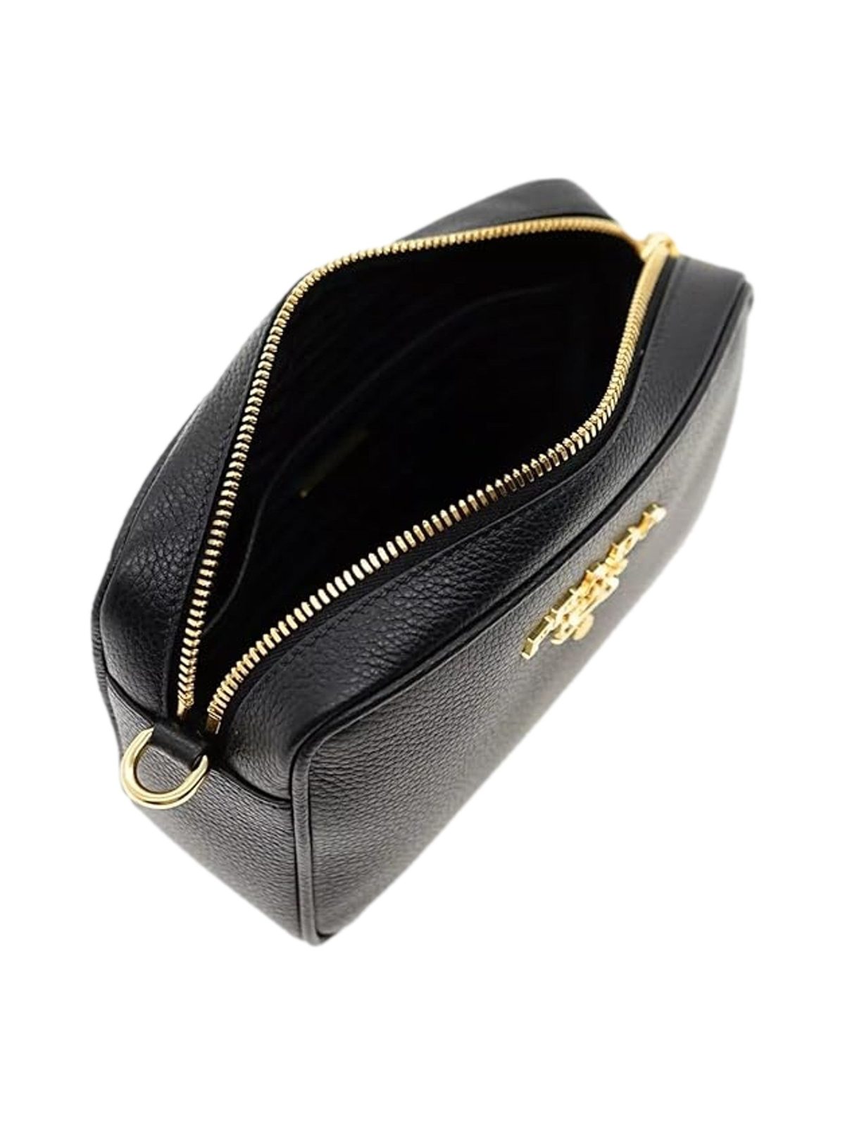 Prada Vitello Phenix Leather Crossbody Bag in Black with Gold Hardware and Web Stripe Strap