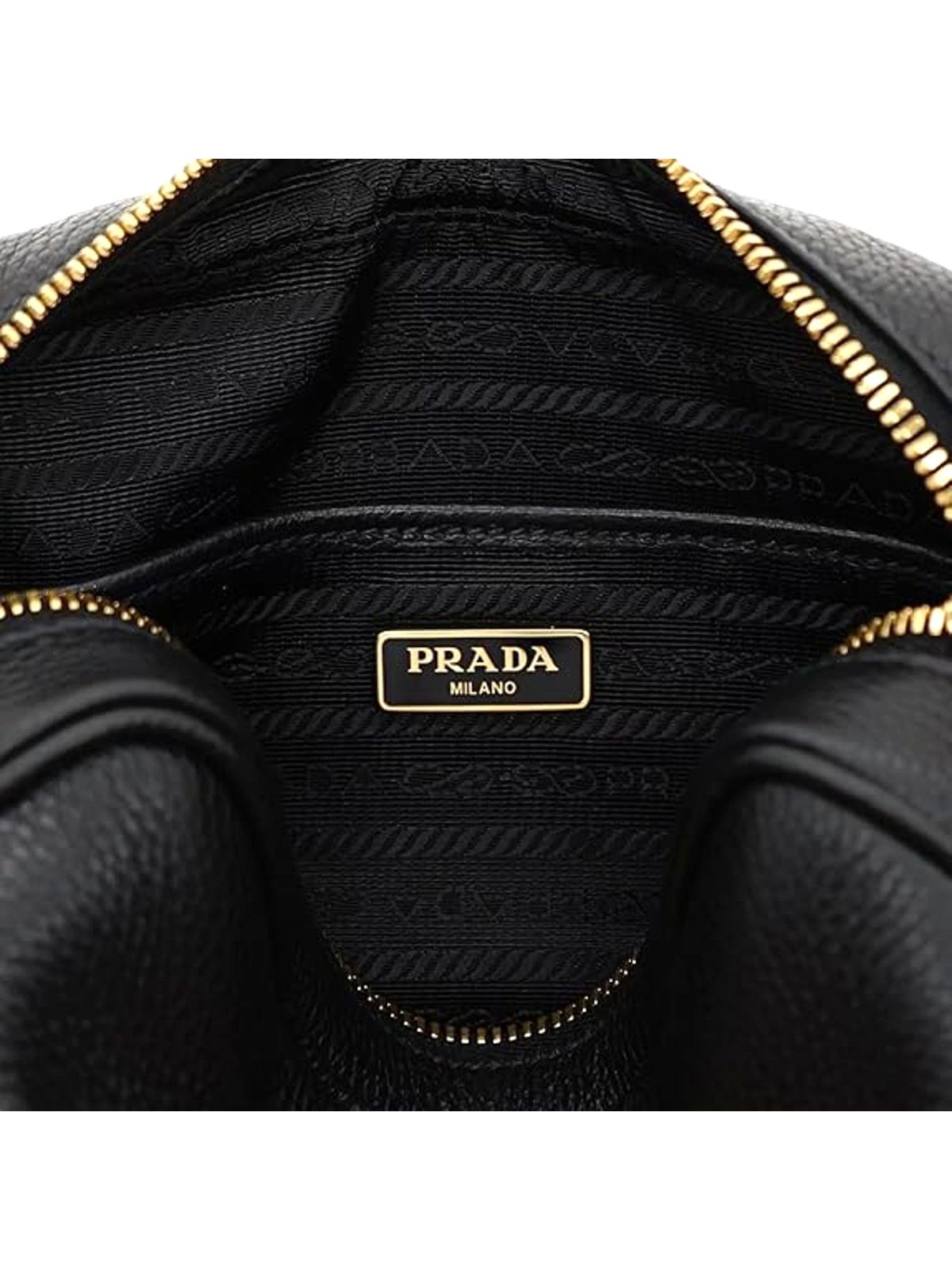 Prada Vitello Phenix Leather Crossbody Bag in Black with Gold Hardware and Web Stripe Strap