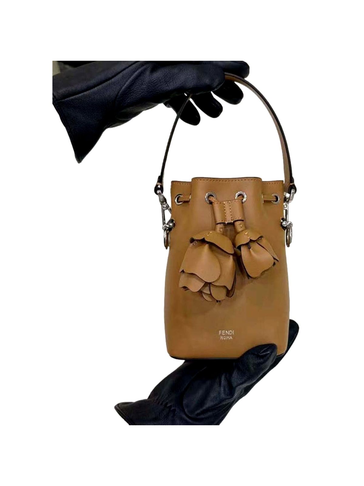 Fendi Calfskin F is 3D Flower Mini Mon Tresor Bucket Bag Brown Tan