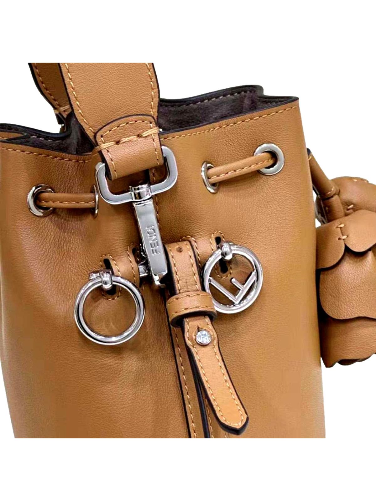 Fendi Calfskin F is 3D Flower Mini Mon Tresor Bucket Bag Brown Tan