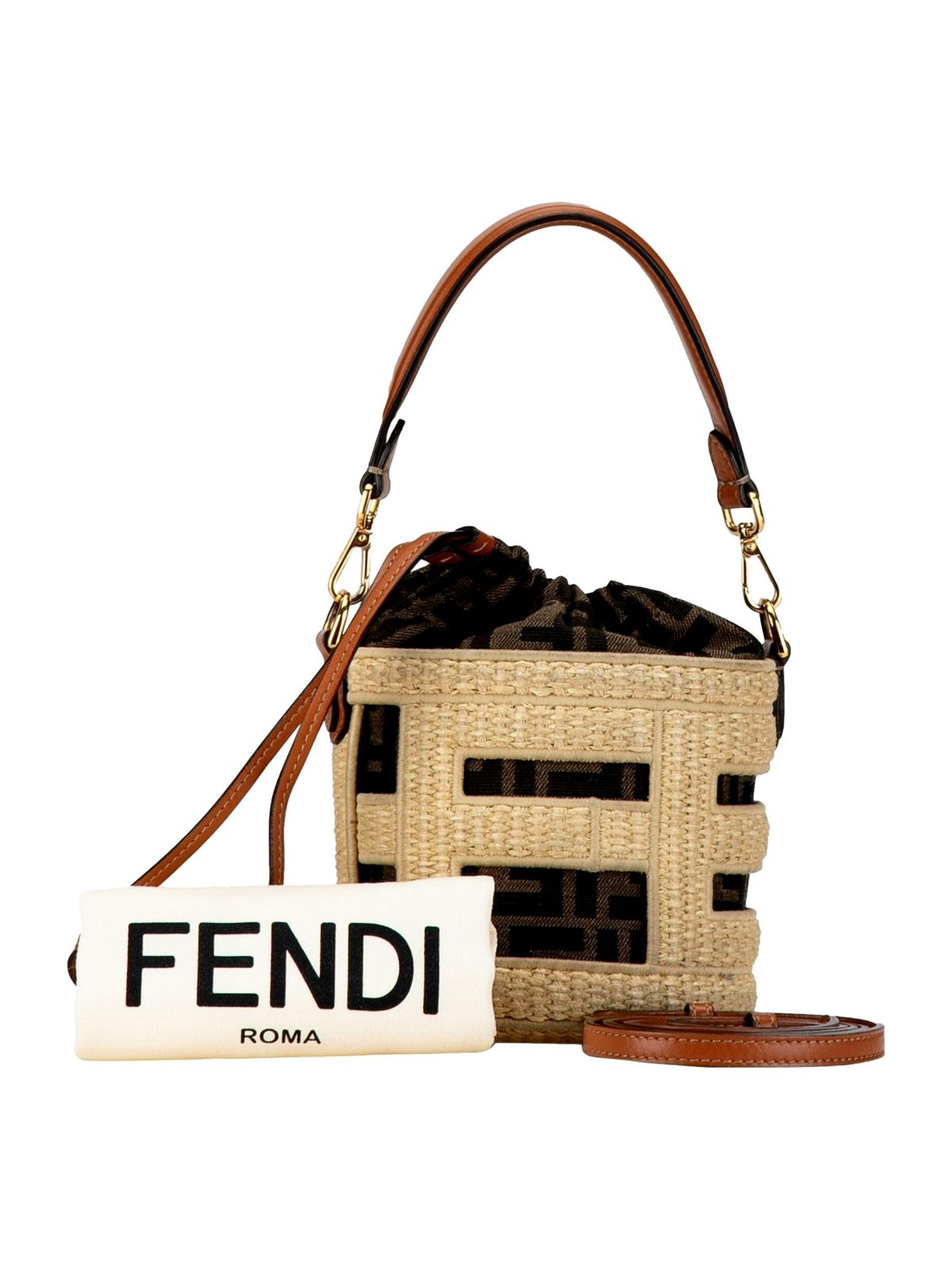 Fendi Step Out Straw and Canvas Medium Bucket Bag FF Monogram