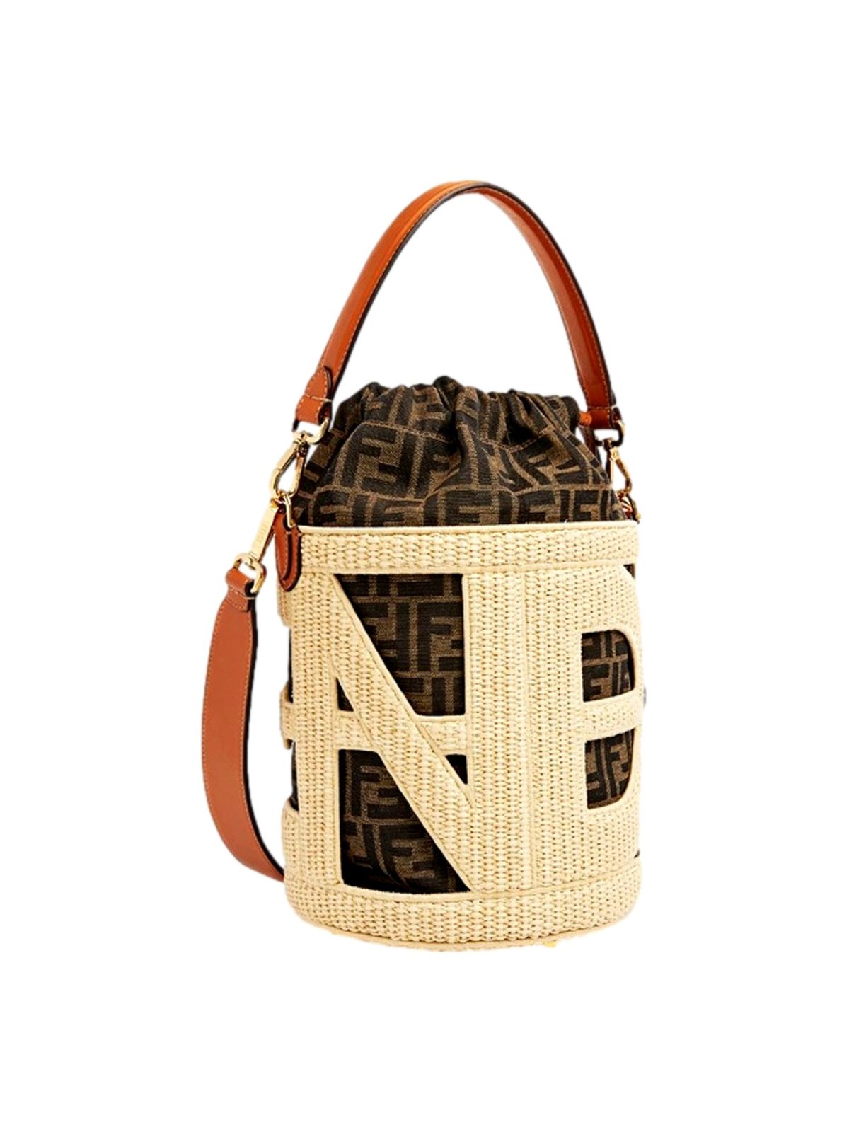 Fendi Step Out Straw and Canvas Medium Bucket Bag FF Monogram