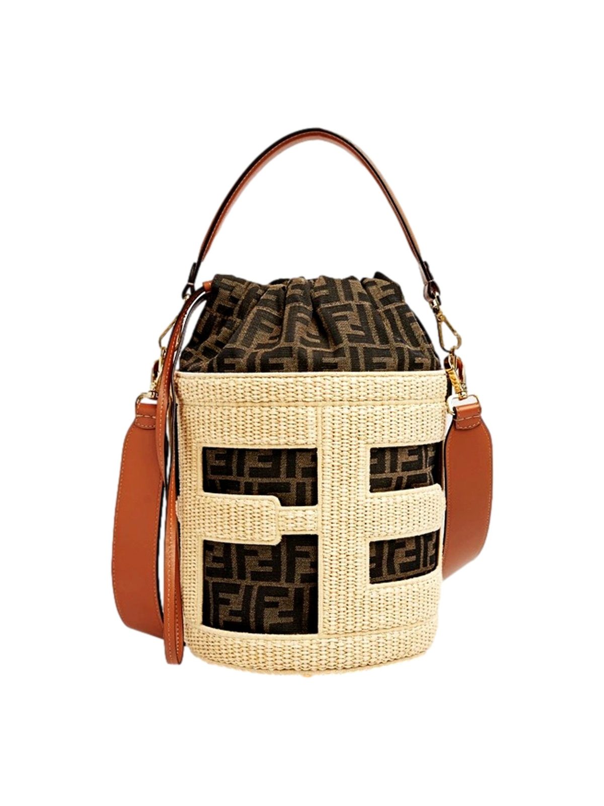 Fendi Step Out Straw and Canvas Medium Bucket Bag FF Monogram