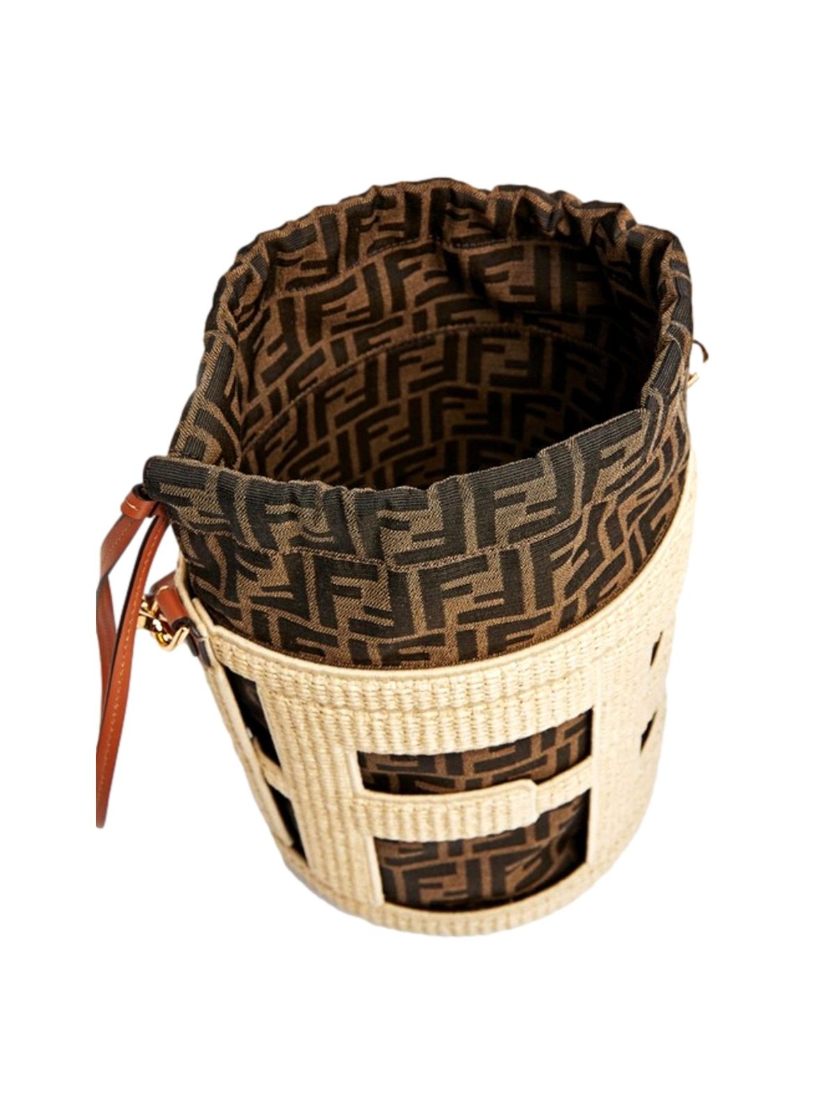 Fendi Step Out Straw and Canvas Medium Bucket Bag FF Monogram
