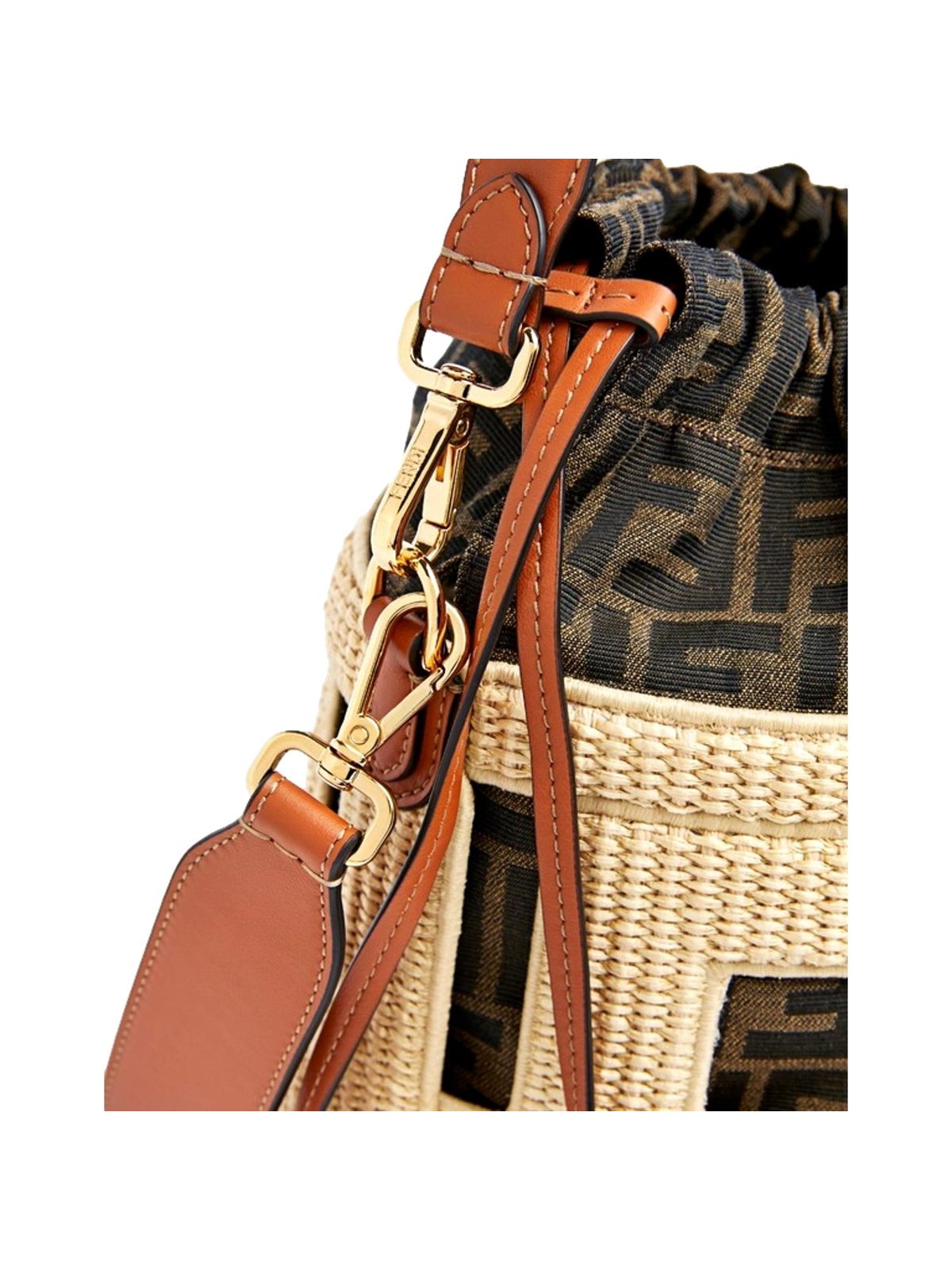 Fendi Step Out Straw and Canvas Medium Bucket Bag FF Monogram