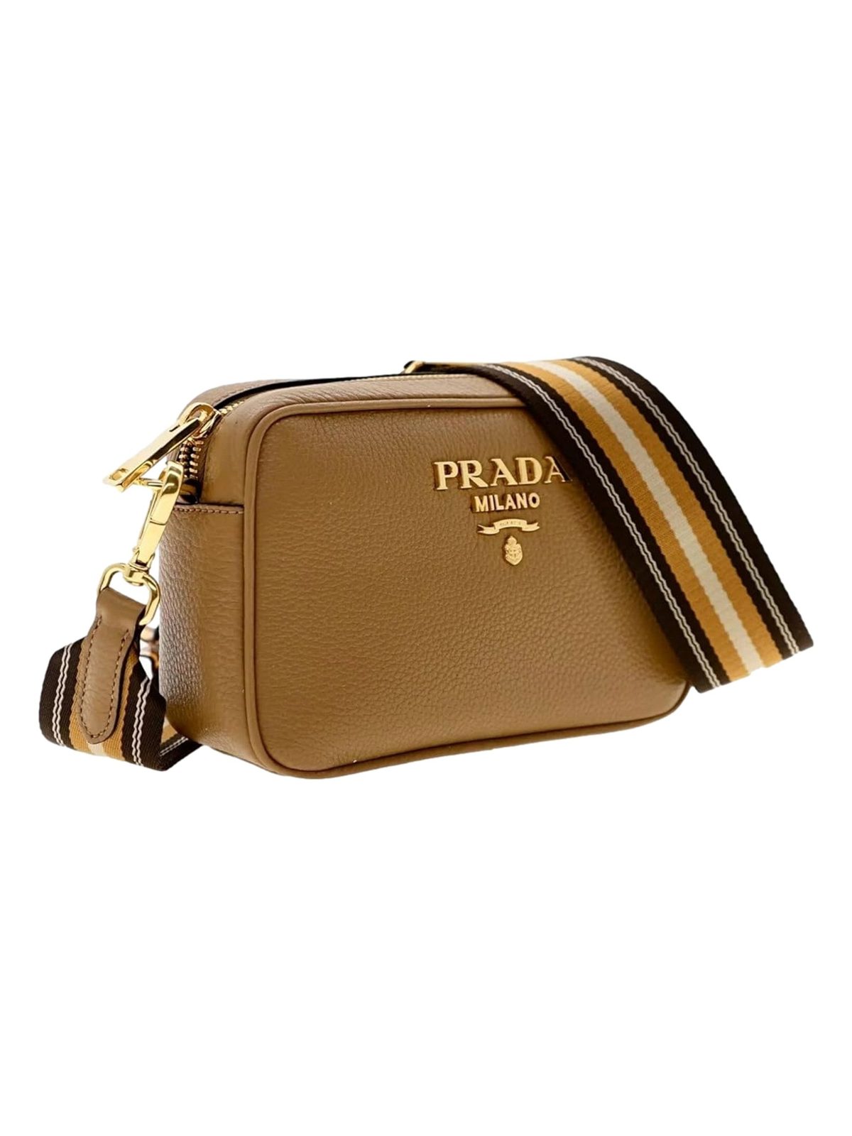 Prada Tan Caramel Pebbled Leather Crossbody Bag Web Stripe Strap Gold Hardware