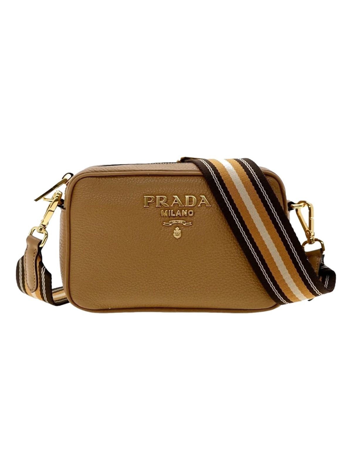 Prada Tan Caramel Pebbled Leather Crossbody Bag Web Stripe Strap Gold Hardware