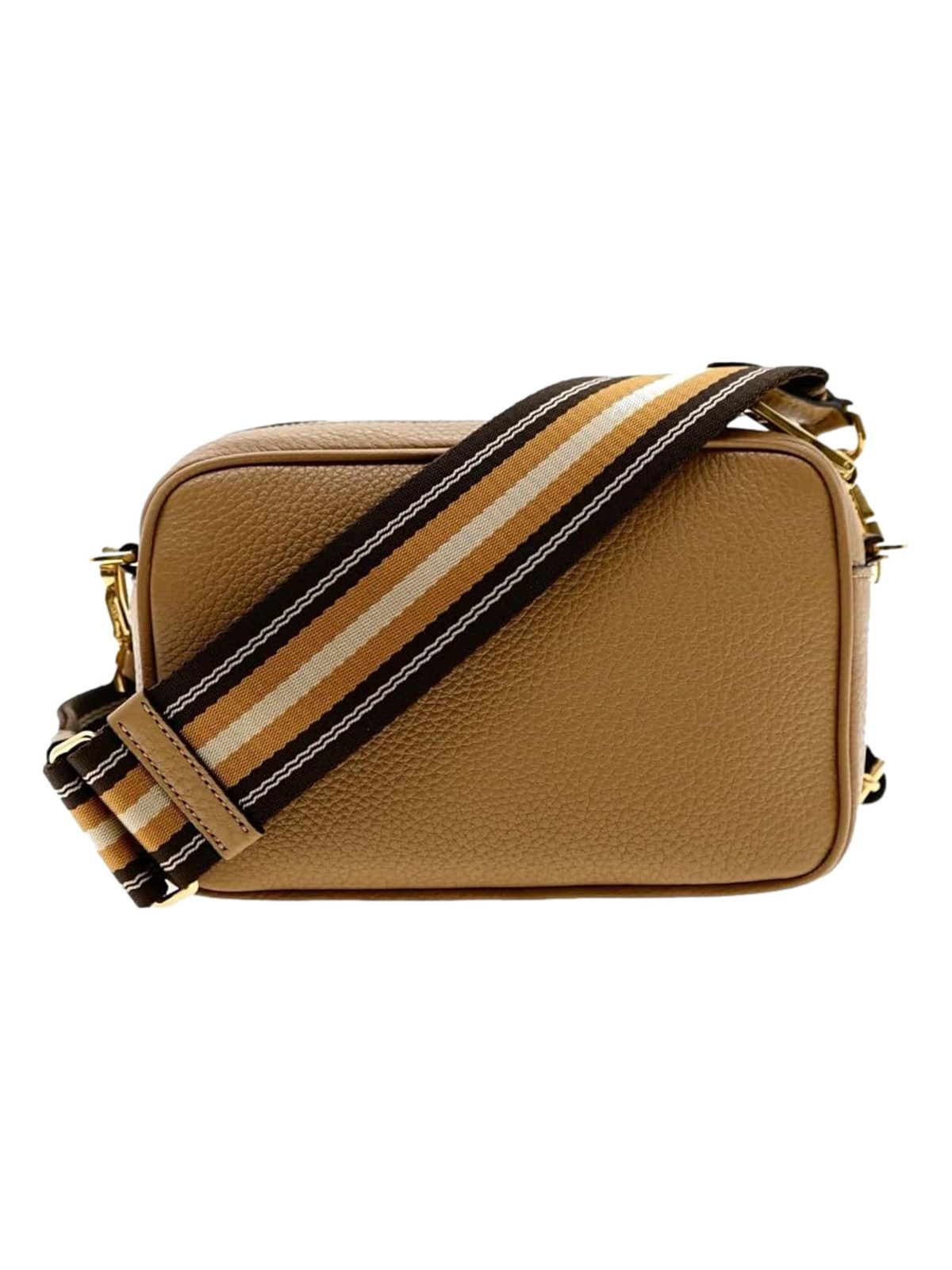 Prada Tan Caramel Pebbled Leather Crossbody Bag Web Stripe Strap Gold Hardware