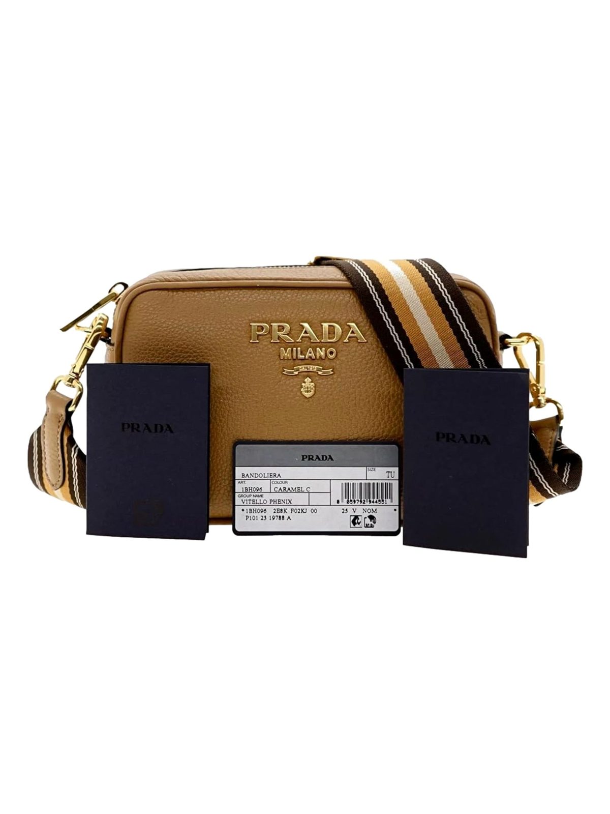 Prada Tan Caramel Pebbled Leather Crossbody Bag Web Stripe Strap Gold Hardware
