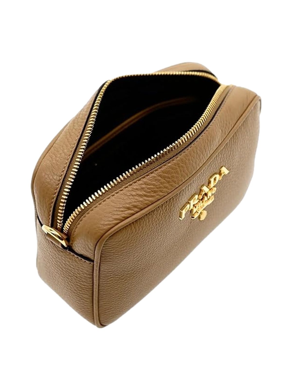 Prada Tan Caramel Pebbled Leather Crossbody Bag Web Stripe Strap Gold Hardware