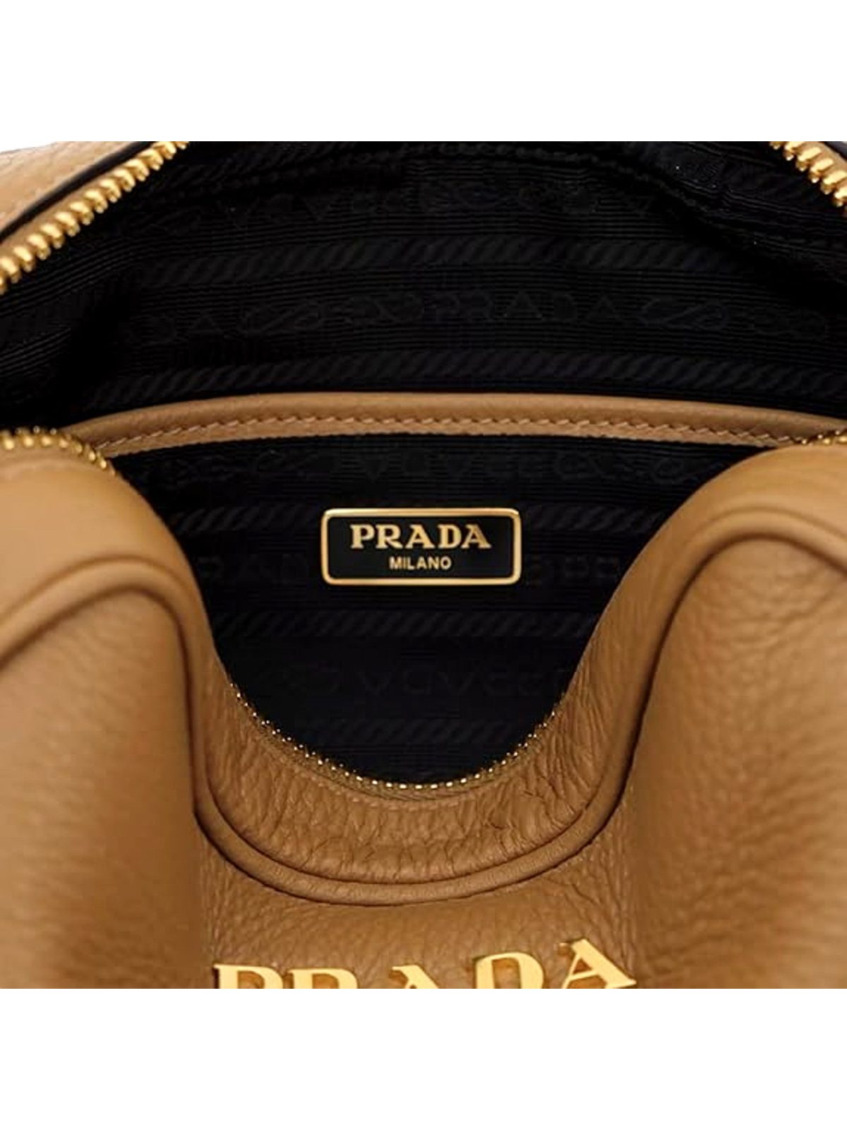 Prada Tan Caramel Pebbled Leather Crossbody Bag Web Stripe Strap Gold Hardware