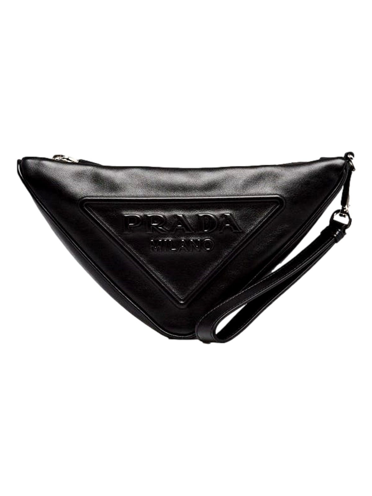 Prada Grace Triangle Leather Pouch Clutch Bag with Embossed Logo Nero Black