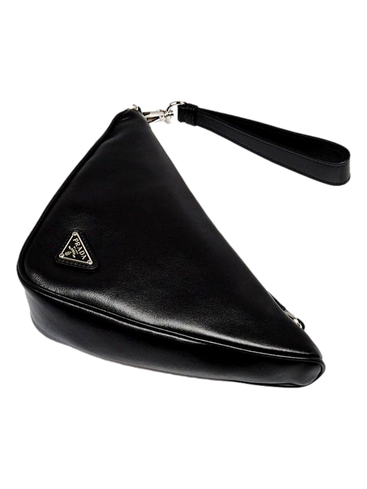 Prada Grace Triangle Leather Pouch Clutch Bag with Embossed Logo Nero Black