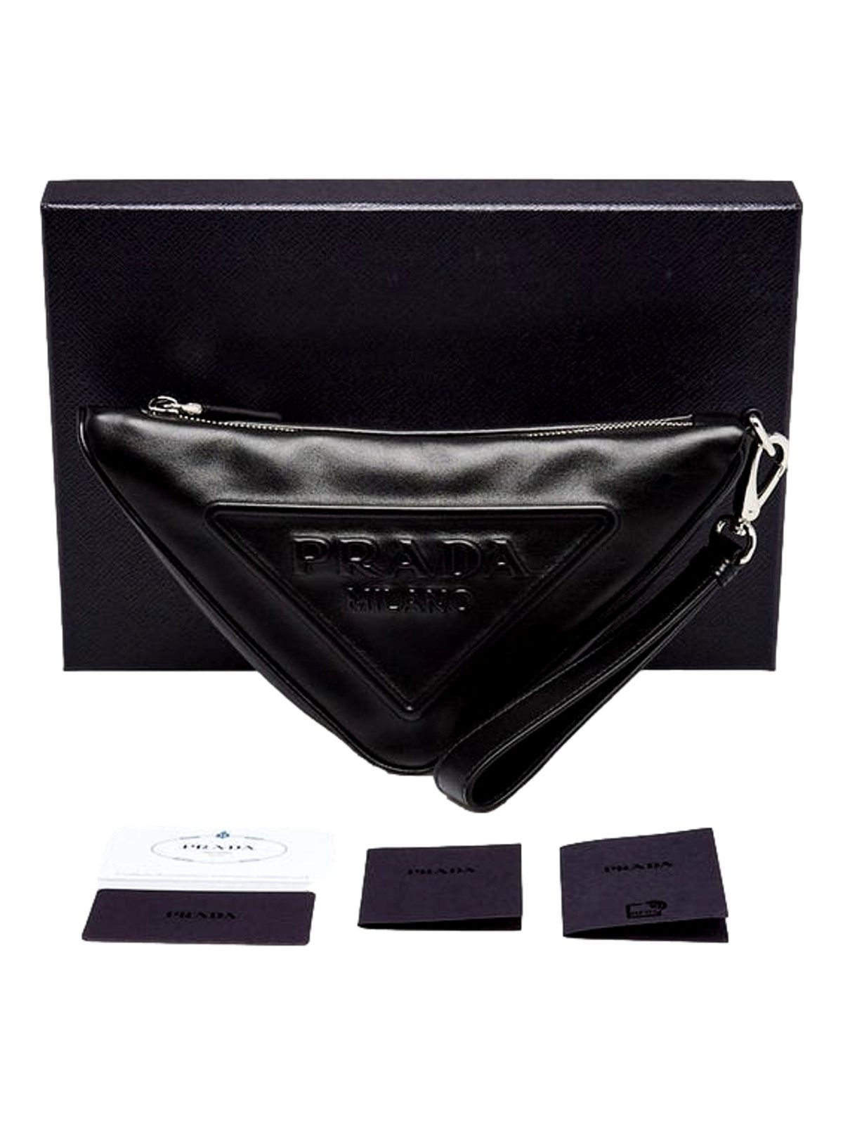 Prada Grace Triangle Leather Pouch Clutch Bag with Embossed Logo Nero Black