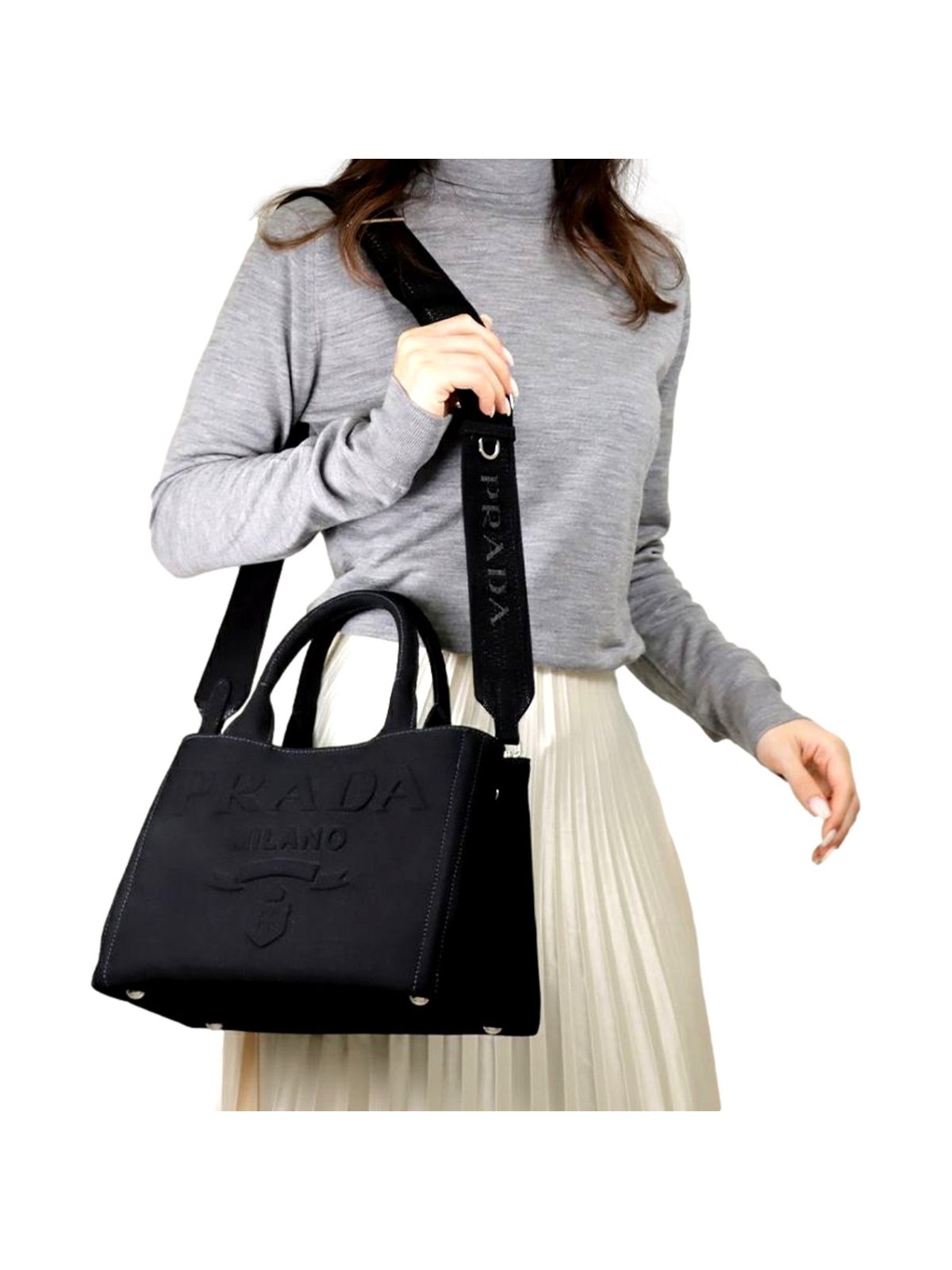 Prada Canapa Black Canvas Logo Tote Handbag Medium