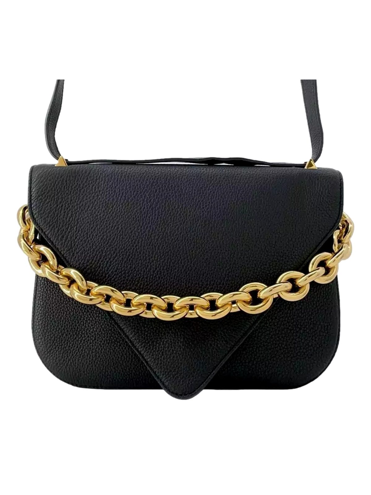 Bottega Veneta Mount Medium Envelope Black Leather Shoulder Bag Gold Chain