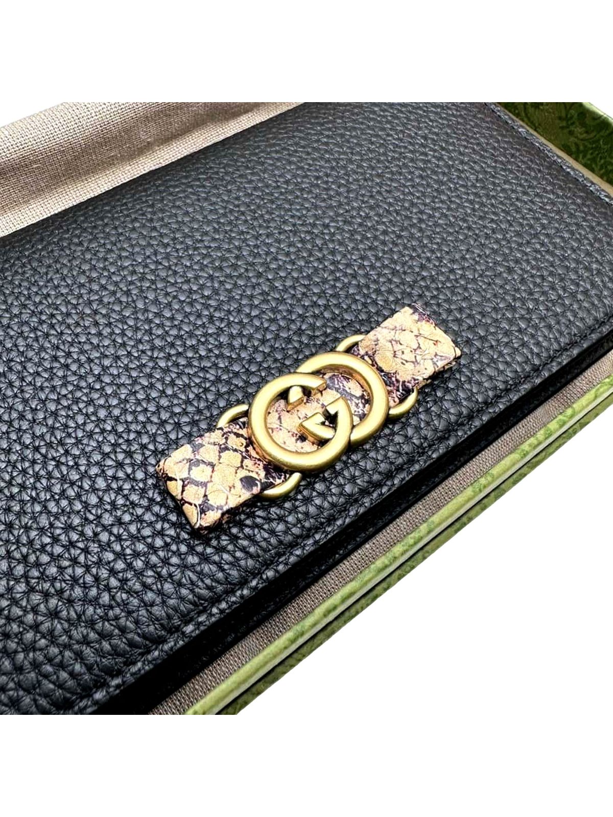 Gucci Interlocking GG Black Python Leather Bow Wallet on Chain Gold Hardware
