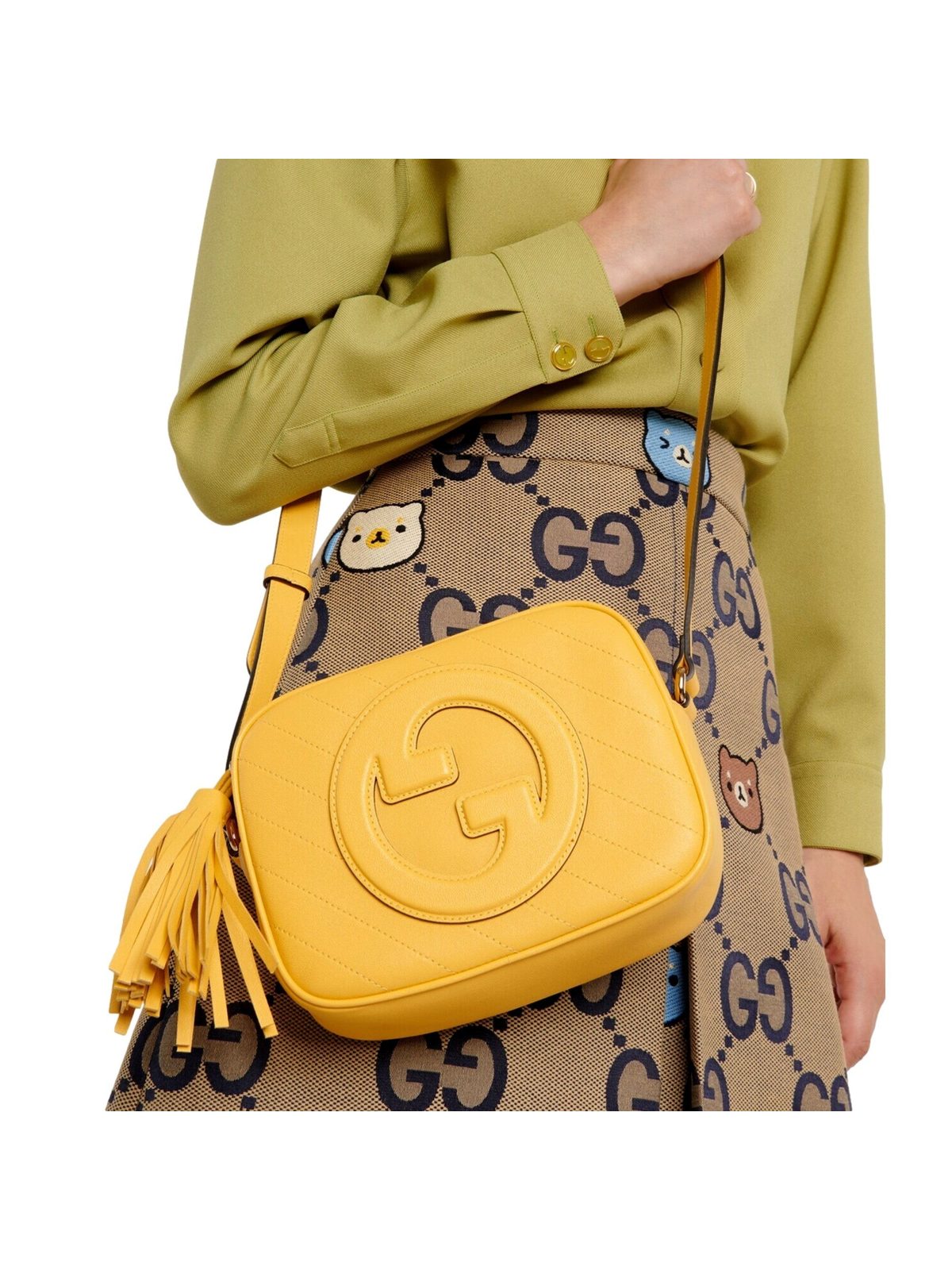 Gucci Blondie GG Patch Yellow Leather Camera Crossbody Bag Diagonal Stitching