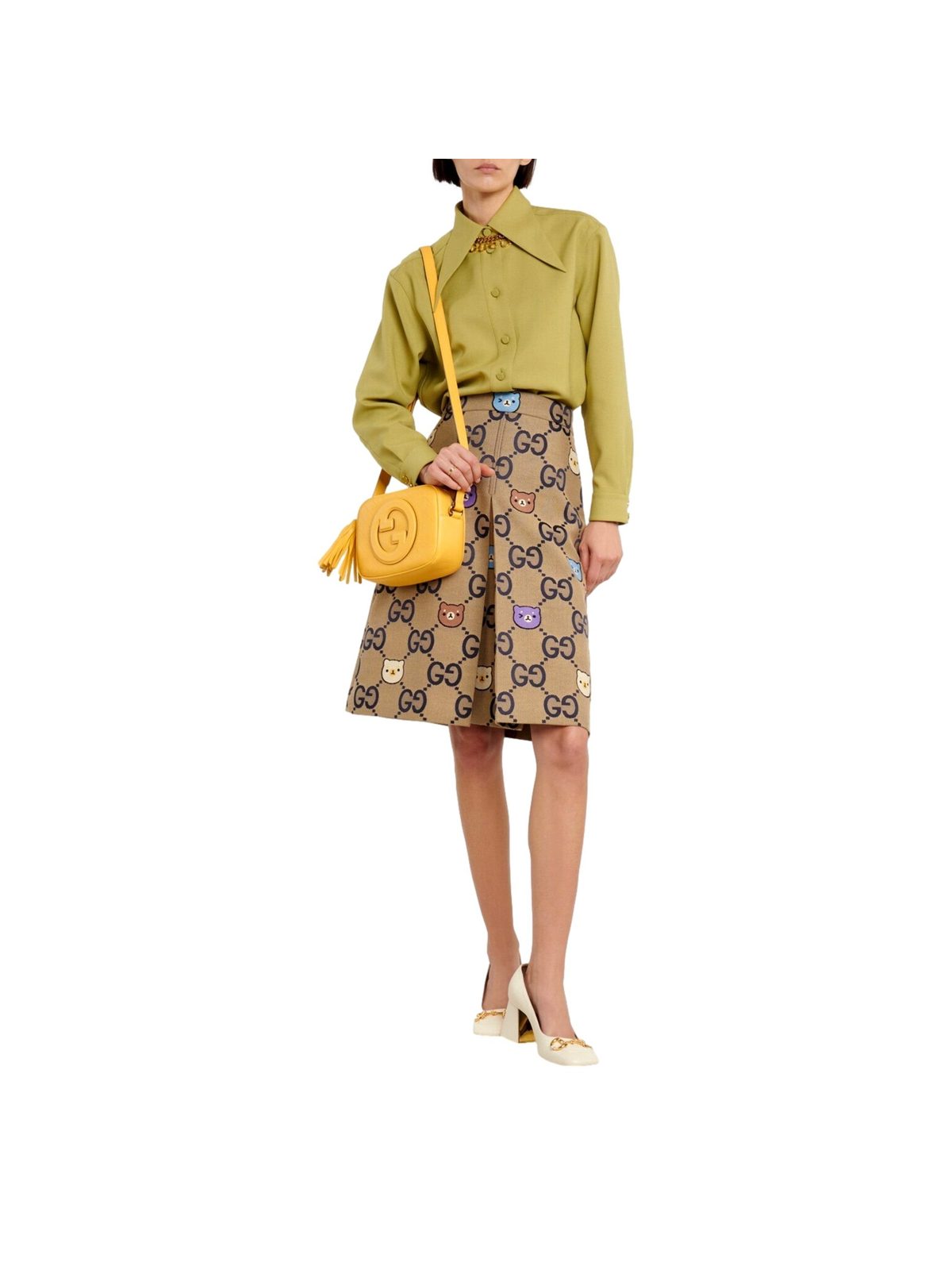 Gucci Blondie GG Patch Yellow Leather Camera Crossbody Bag Diagonal Stitching