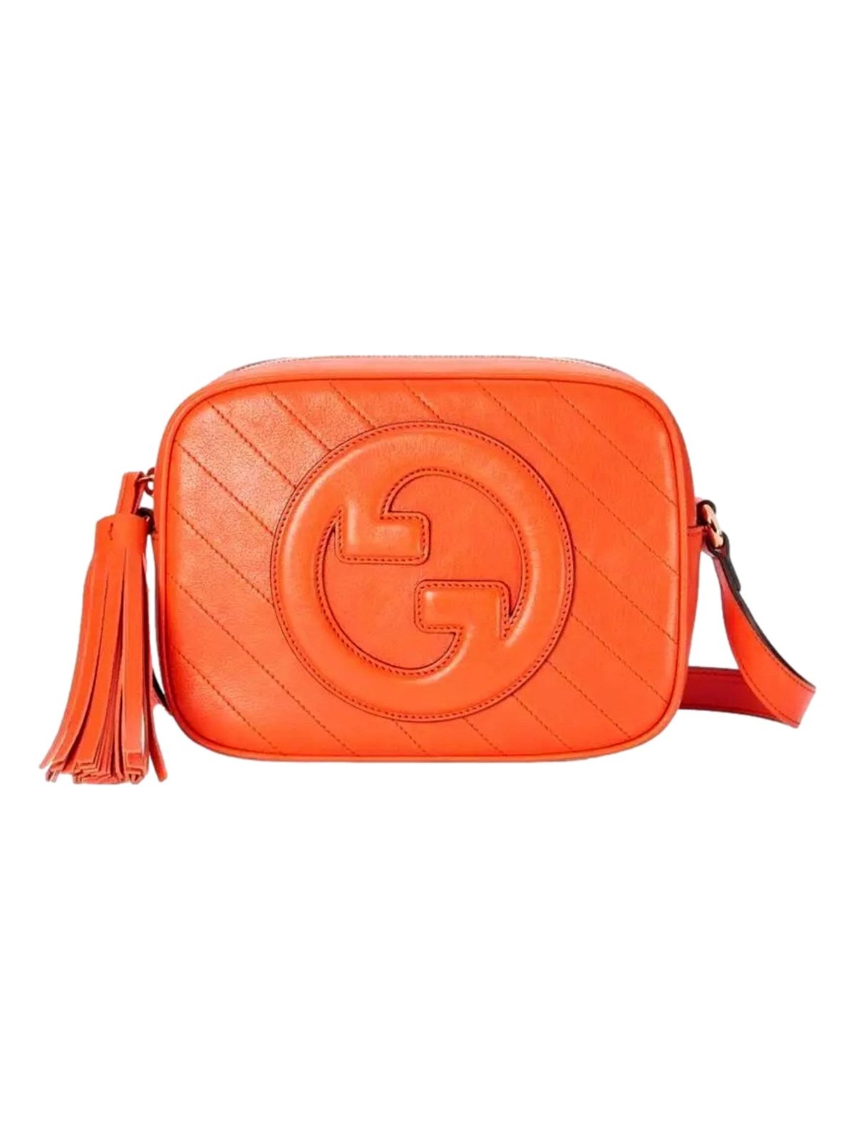 Gucci Blondie GG Patch Orange Leather Camera Crossbody Bag Diagonal Stitching