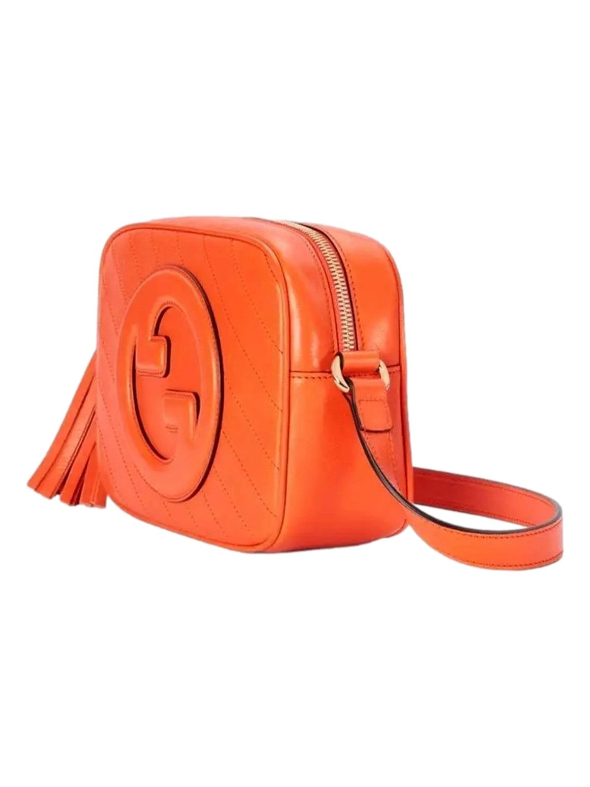 Gucci Blondie GG Patch Orange Leather Camera Crossbody Bag Diagonal Stitching