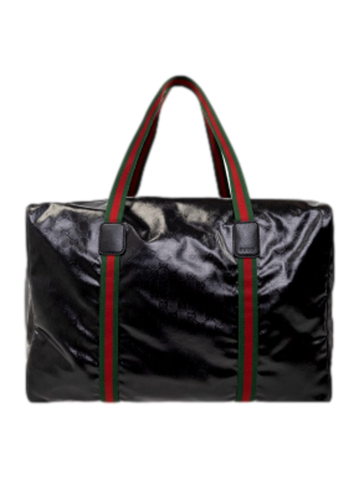 Gucci Duffle Maxi GG Black Glossy Fabric Duffel Bag Leather Trim