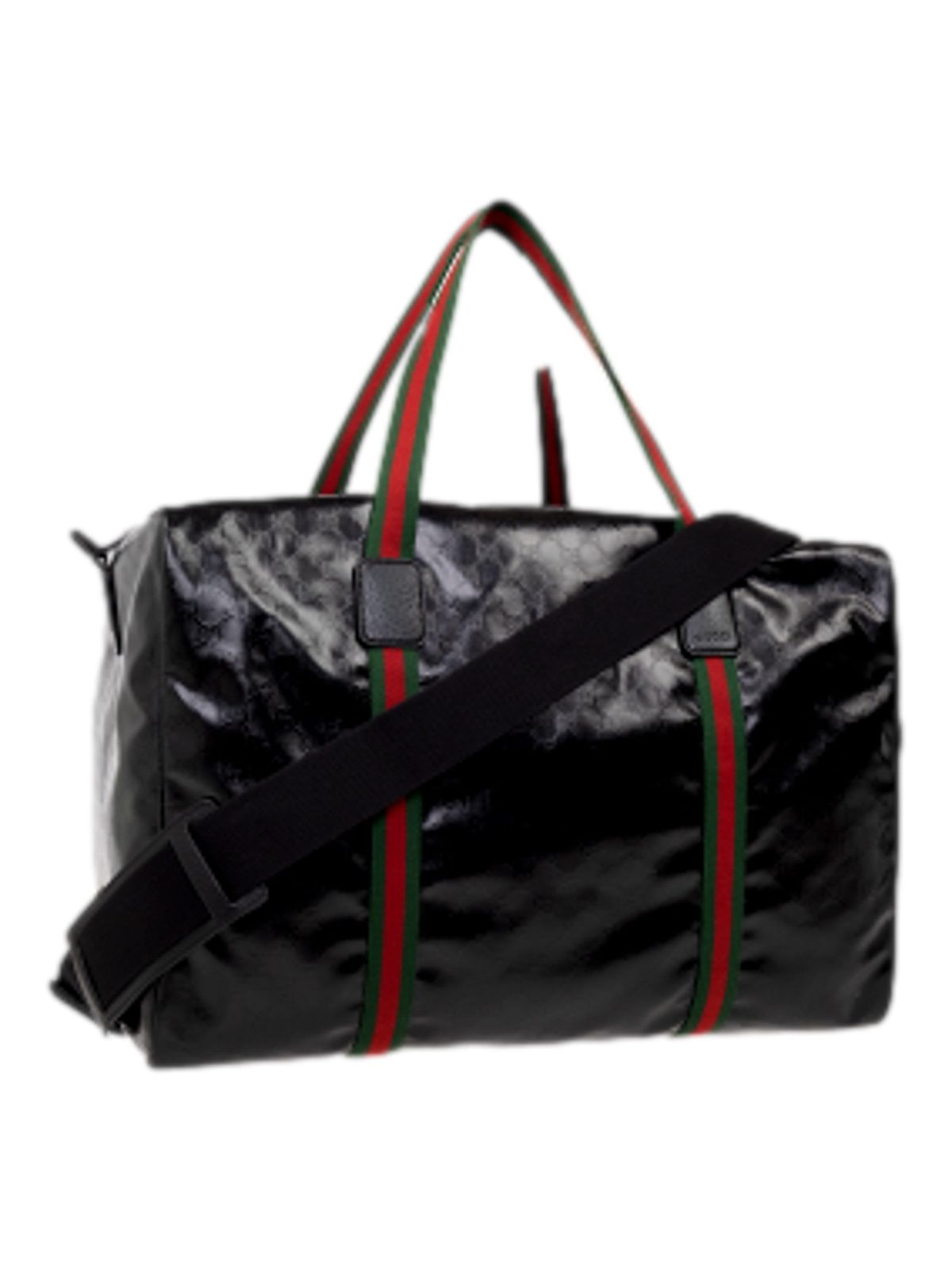 Gucci Duffle Maxi GG Black Glossy Fabric Duffel Bag Leather Trim
