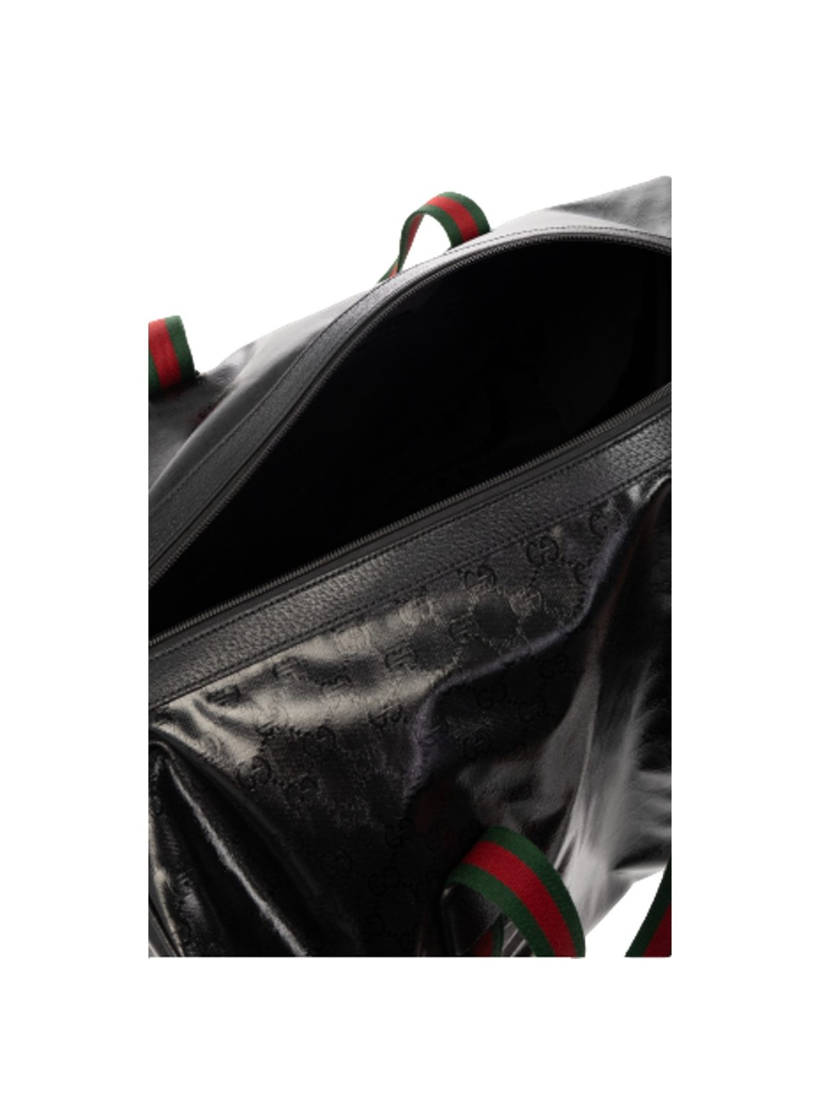 Gucci Duffle Maxi GG Black Glossy Fabric Duffel Bag Leather Trim