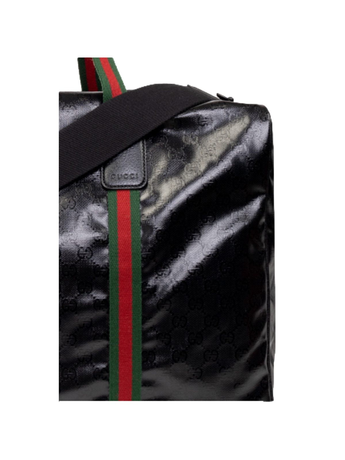 Gucci Duffle Maxi GG Black Glossy Fabric Duffel Bag Leather Trim