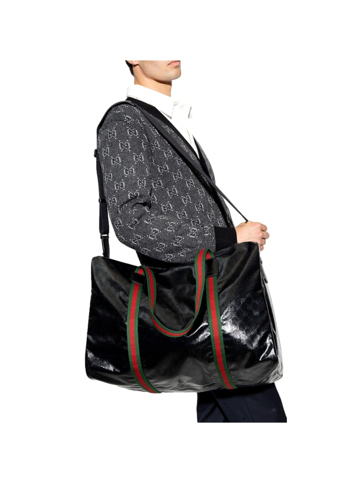 Gucci Duffle Maxi GG Black Glossy Fabric Duffel Bag Leather Trim