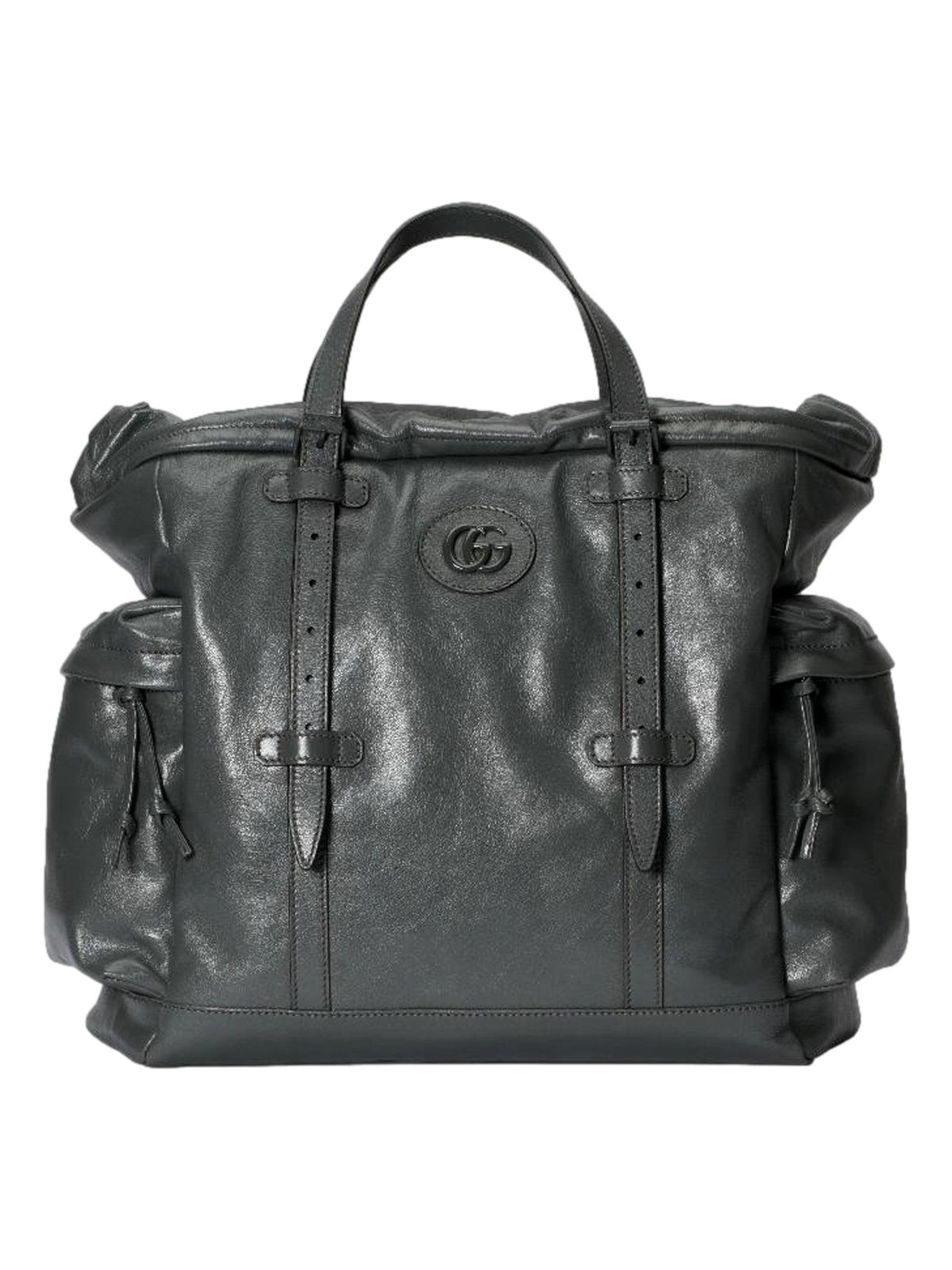 Gucci Drawstring Tote Bag Grey Leather Tonal Double G Logo