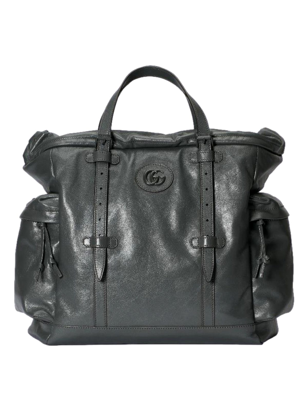 Gucci Drawstring Tote Bag Grey Leather Tonal Double G Logo