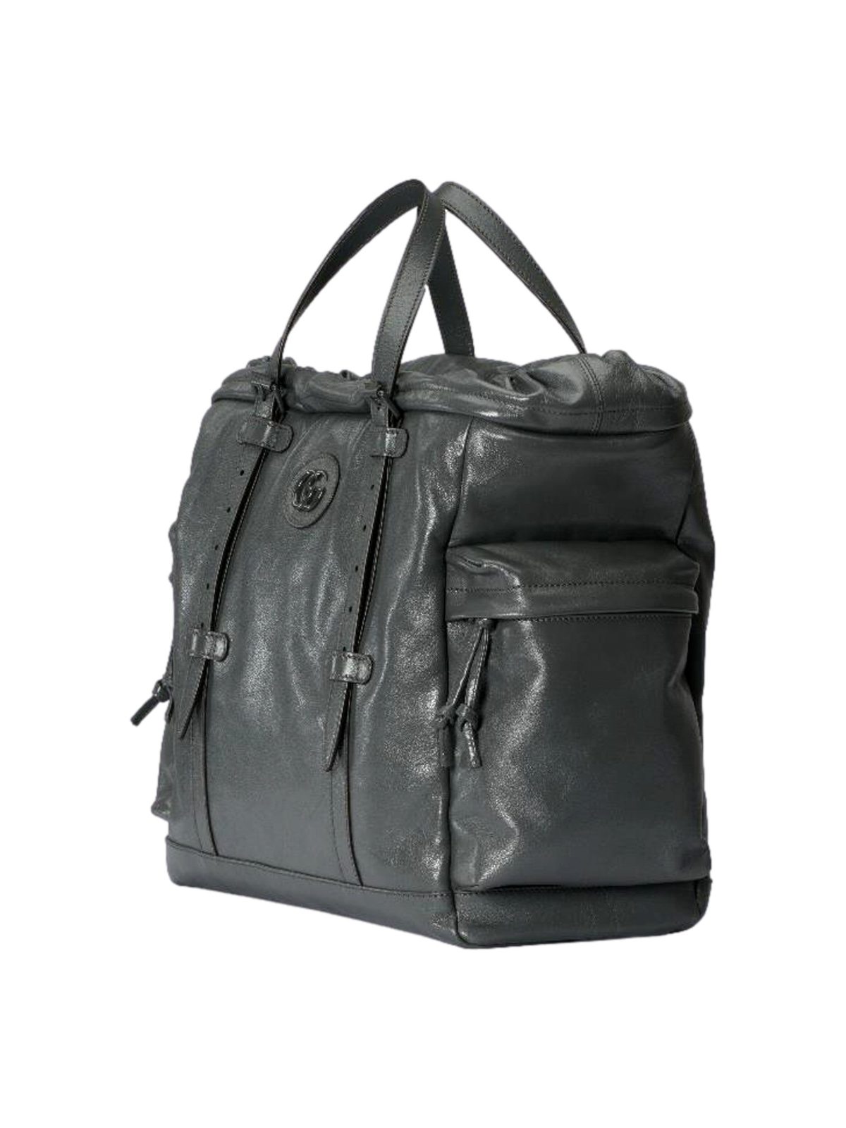 Gucci Drawstring Tote Bag Grey Leather Tonal Double G Logo