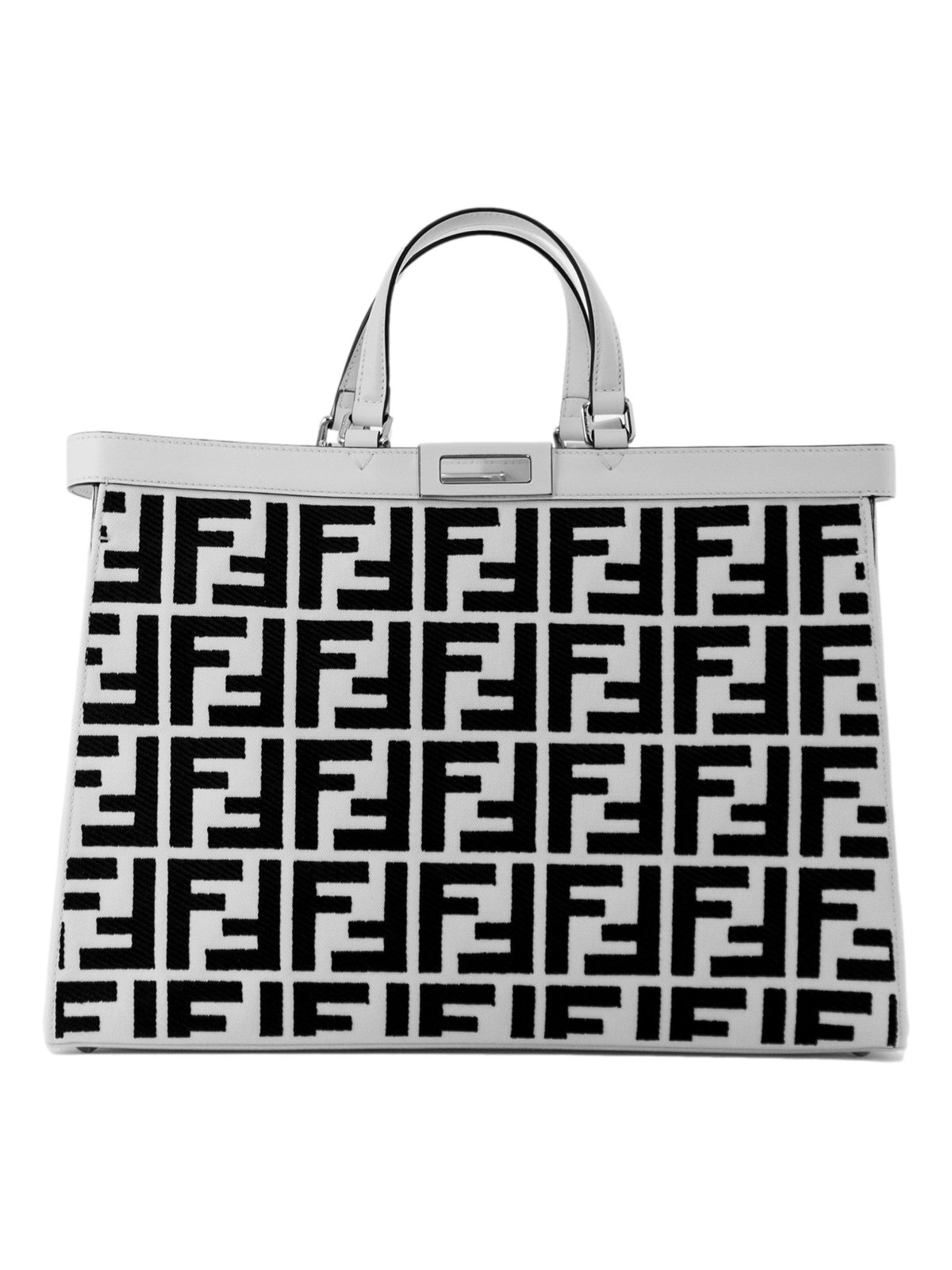 Fendi FF Canvas X-Tote Bag Black White Leather Trim Turn Lock