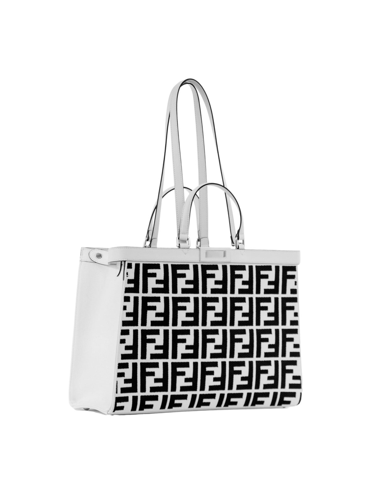 Fendi FF Canvas X-Tote Bag Black White Leather Trim Turn Lock