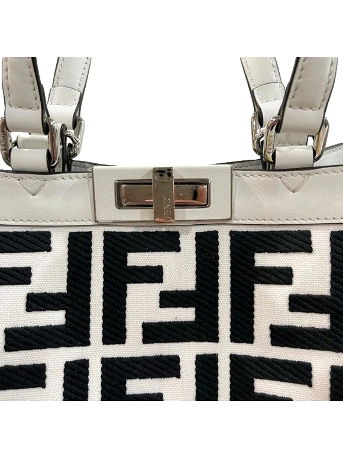 Fendi FF Canvas X-Tote Bag Black White Leather Trim Turn Lock