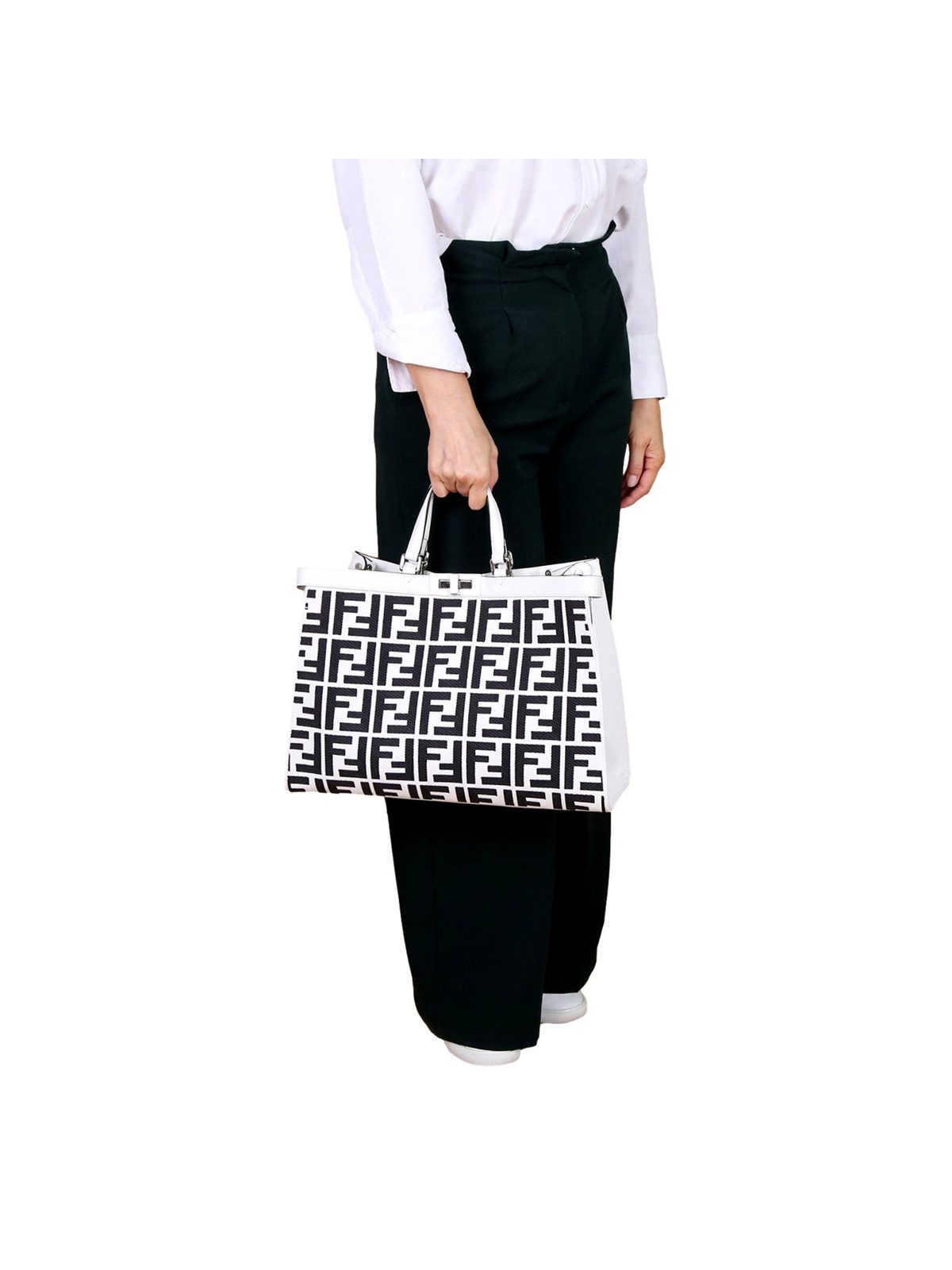 Fendi FF Canvas X-Tote Bag Black White Leather Trim Turn Lock