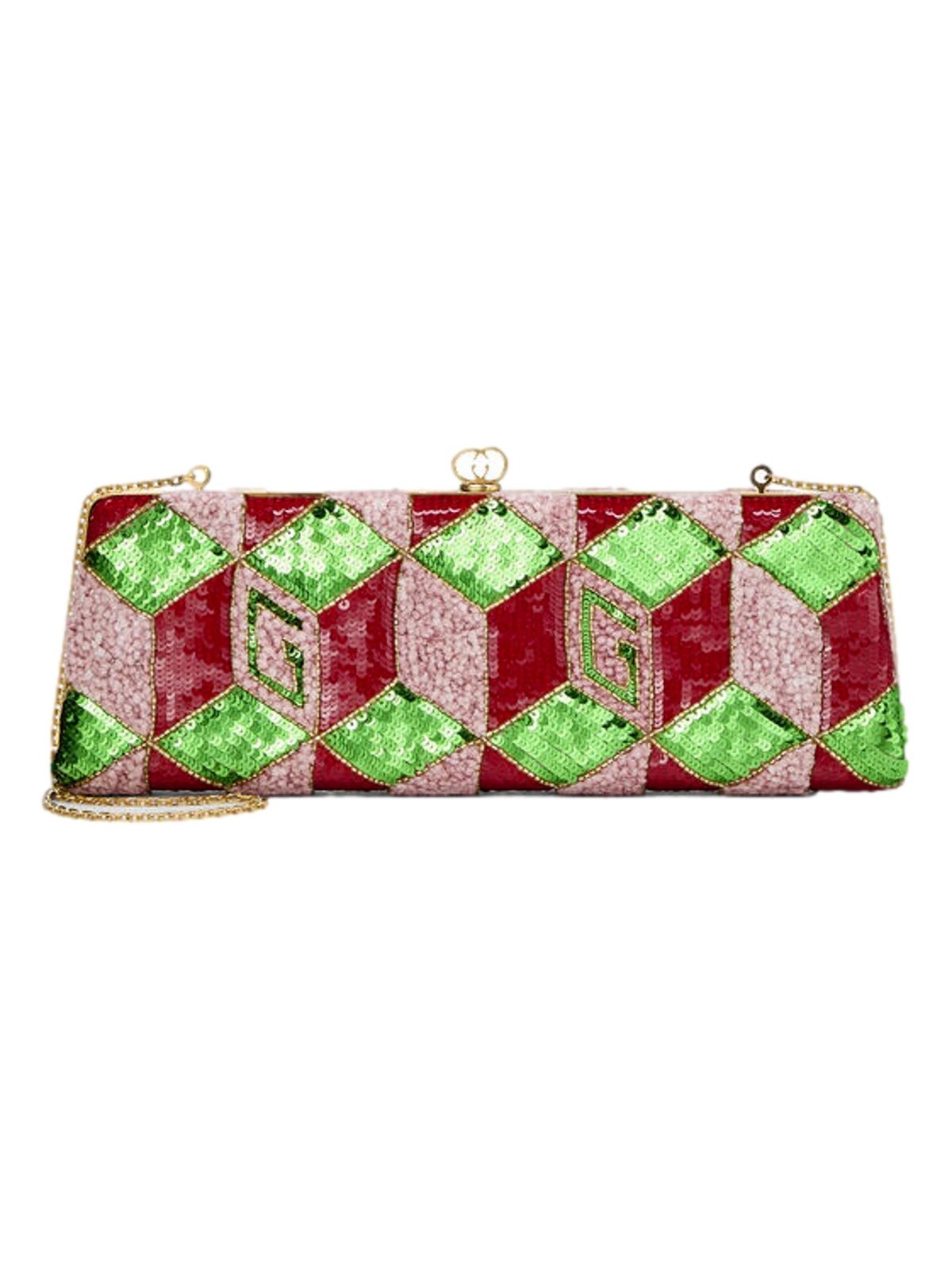 Gucci Broadway Sequin Crystal Embellished Chain Clutch Shoulder Bag Red Green Pink