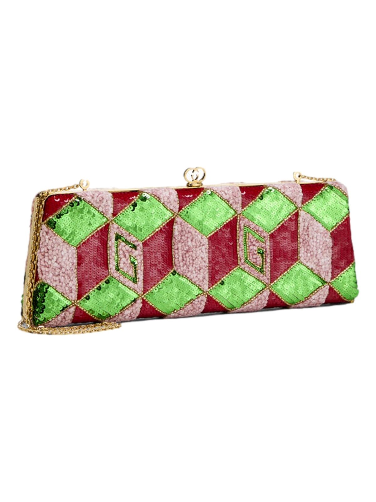 Gucci Broadway Sequin Crystal Embellished Chain Clutch Shoulder Bag Red Green Pink