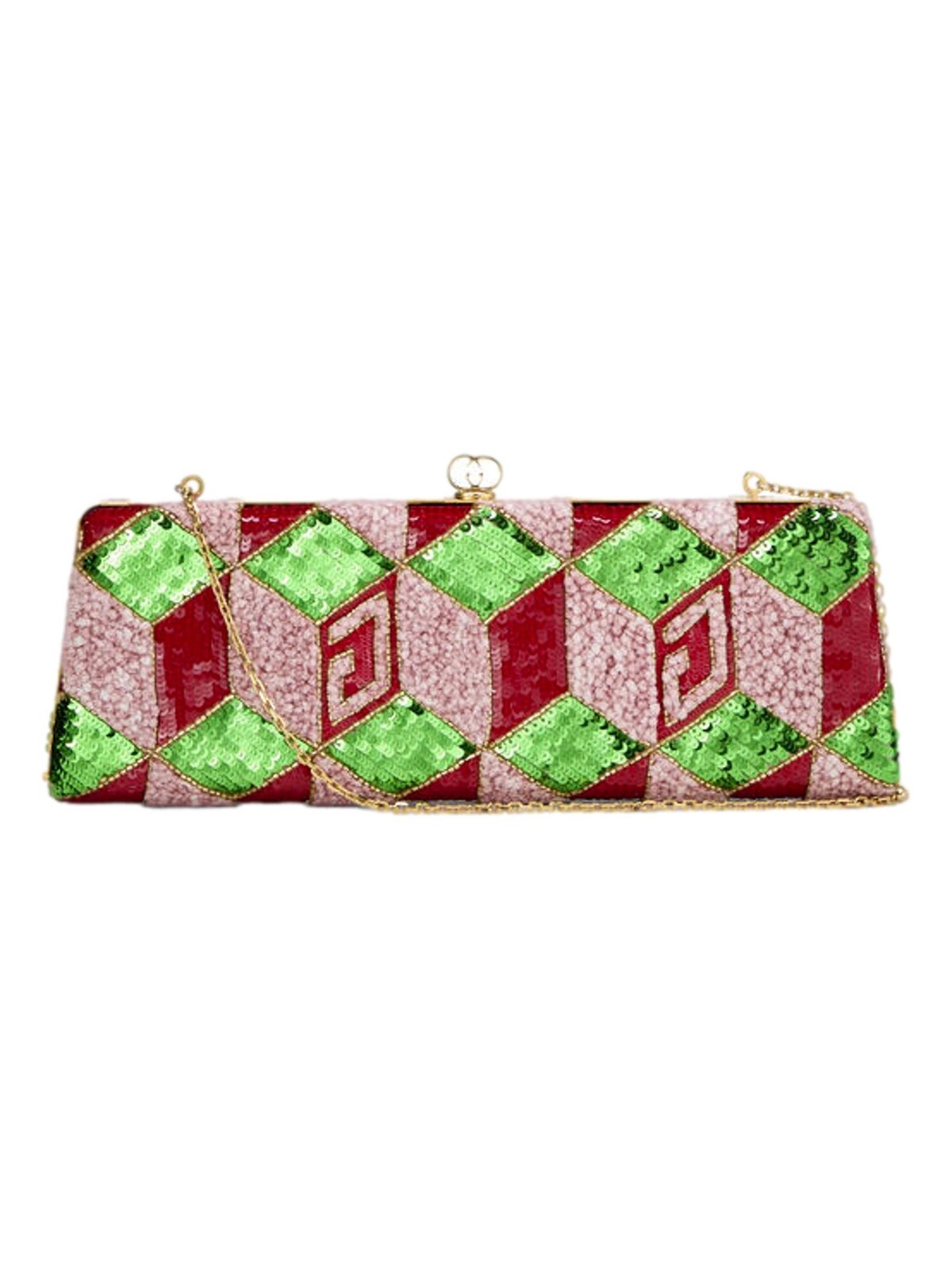 Gucci Broadway Sequin Crystal Embellished Chain Clutch Shoulder Bag Red Green Pink